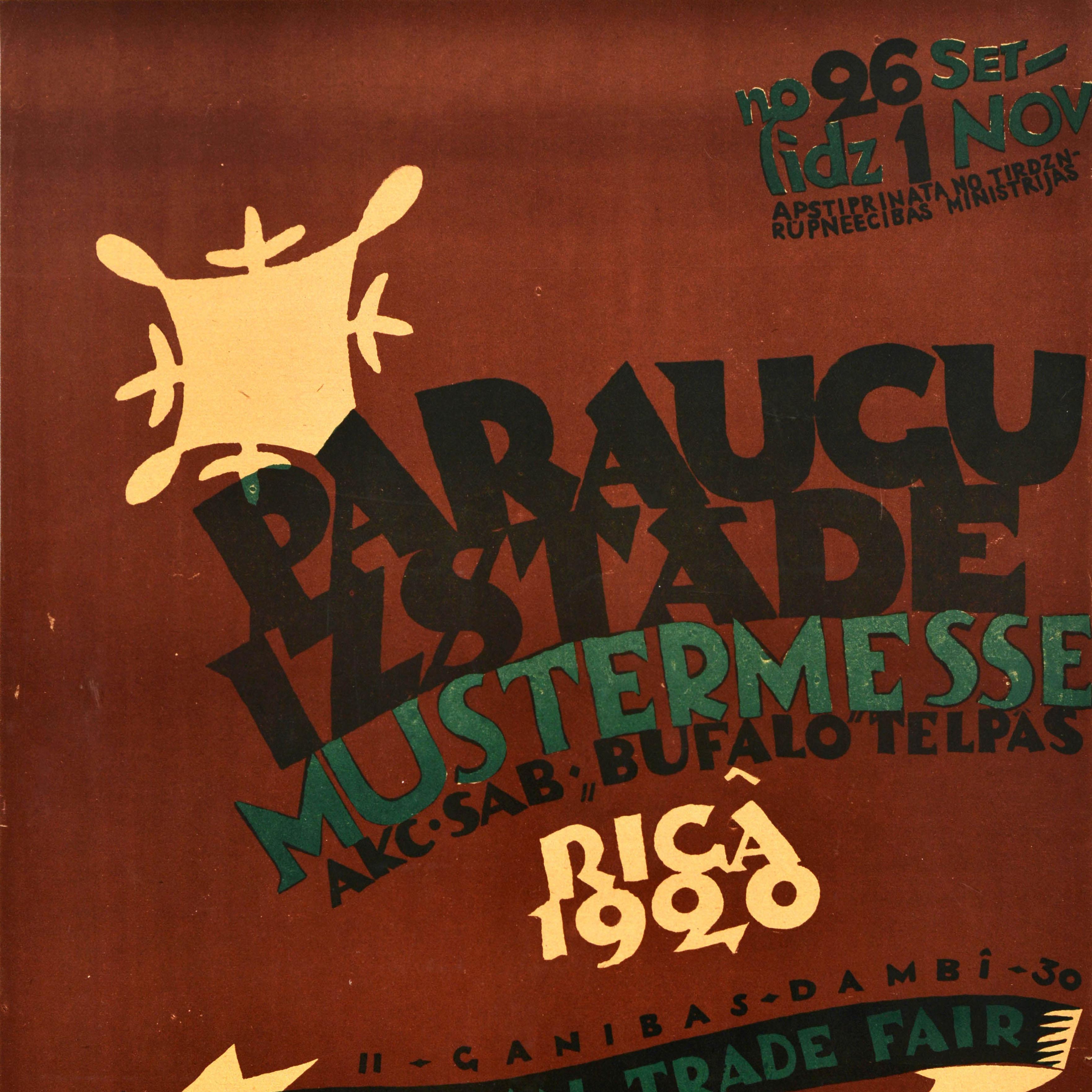 Original Antique Exhibition Poster Sample Fair Bufalo Brito Latvian Trade Fair In Good Condition For Sale In London, GB