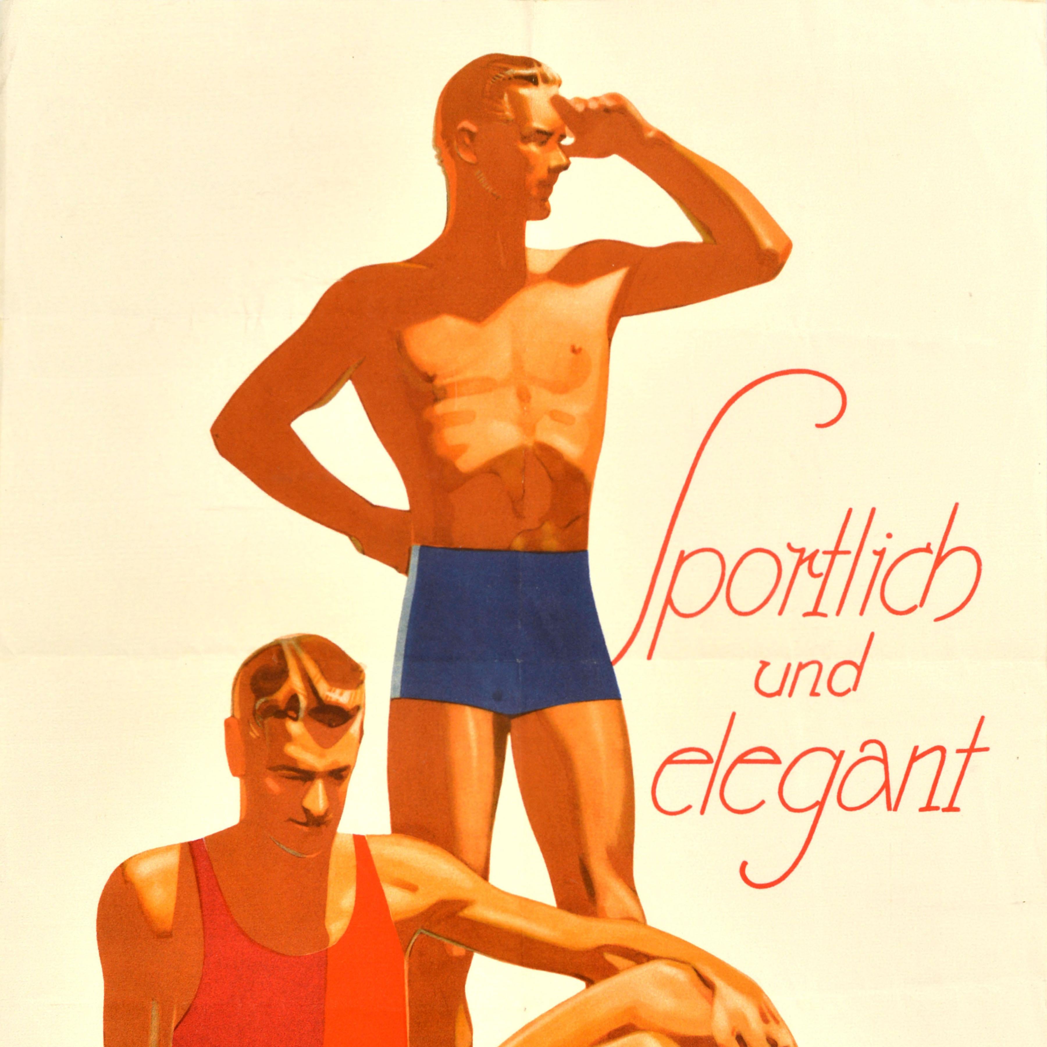 Original antique fashion advertising poster - Sporty and Elegant / Sportlich und elegant - featuring a stunning Art Deco illustration of two men posing in swimwear, one in blue swimming trunks looking into the distance sheltering the sun from his