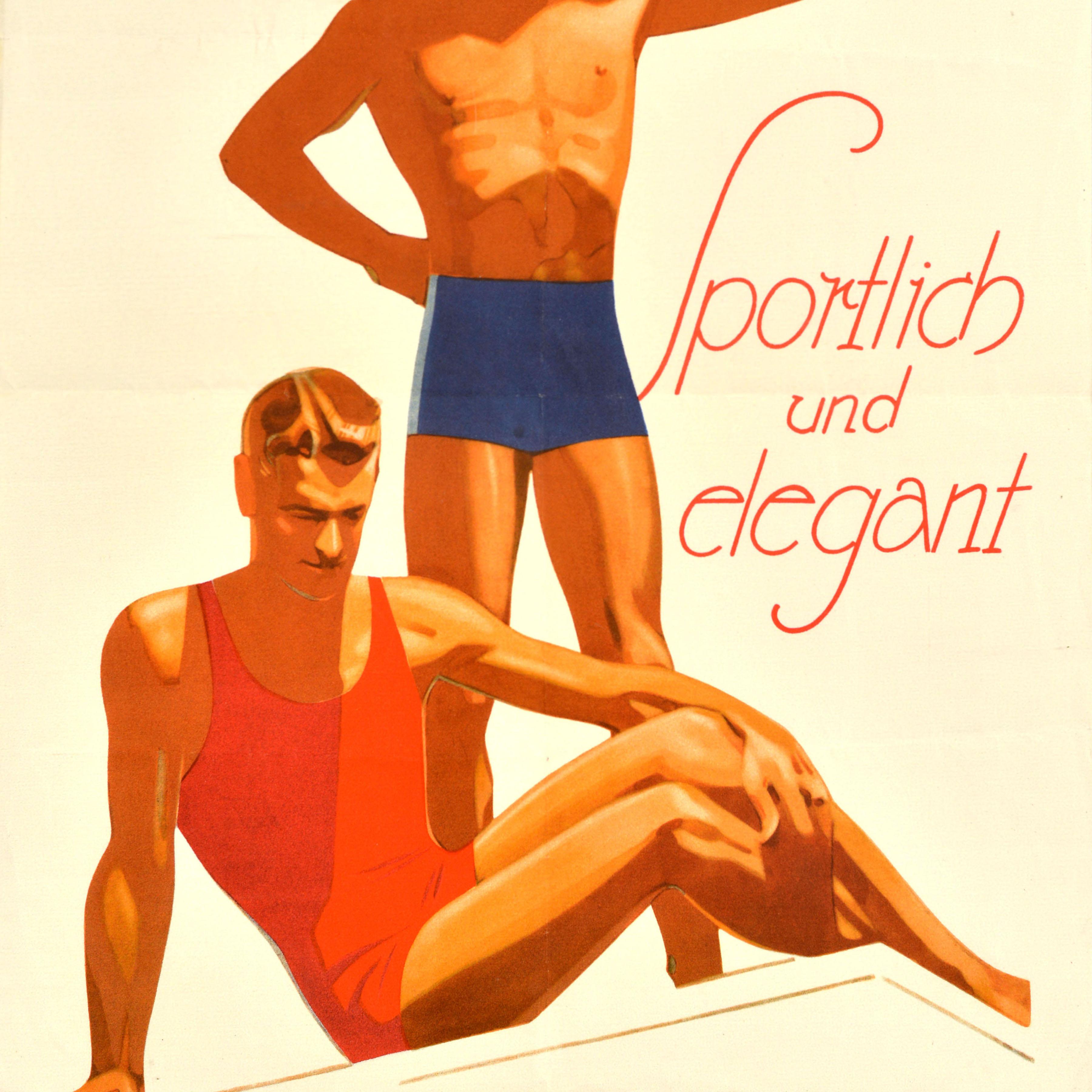 Art Déco Poster pubblicitario di moda originale e antico, costumi da bagno da uomo eleganti e sportivi in vendita