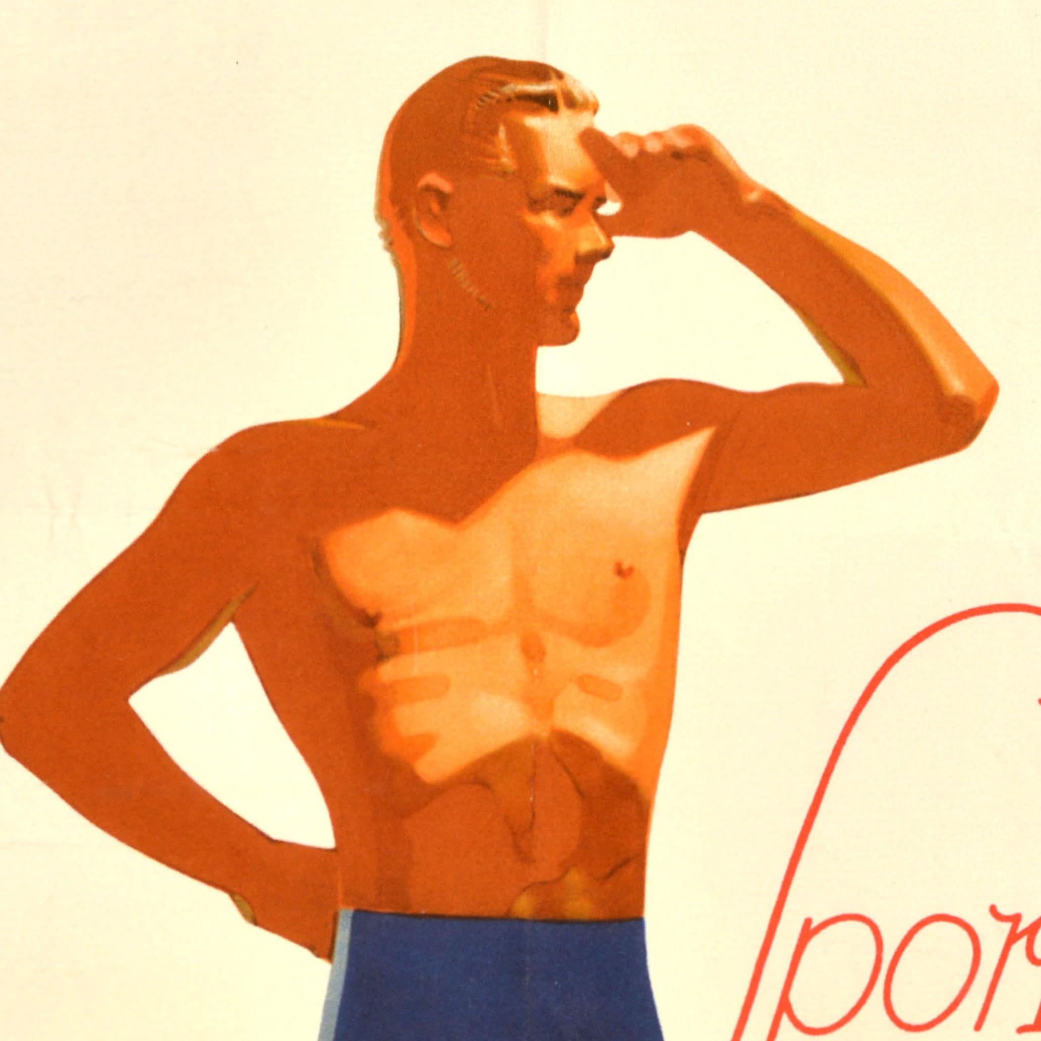 Tedesco Poster pubblicitario di moda originale e antico, costumi da bagno da uomo eleganti e sportivi in vendita