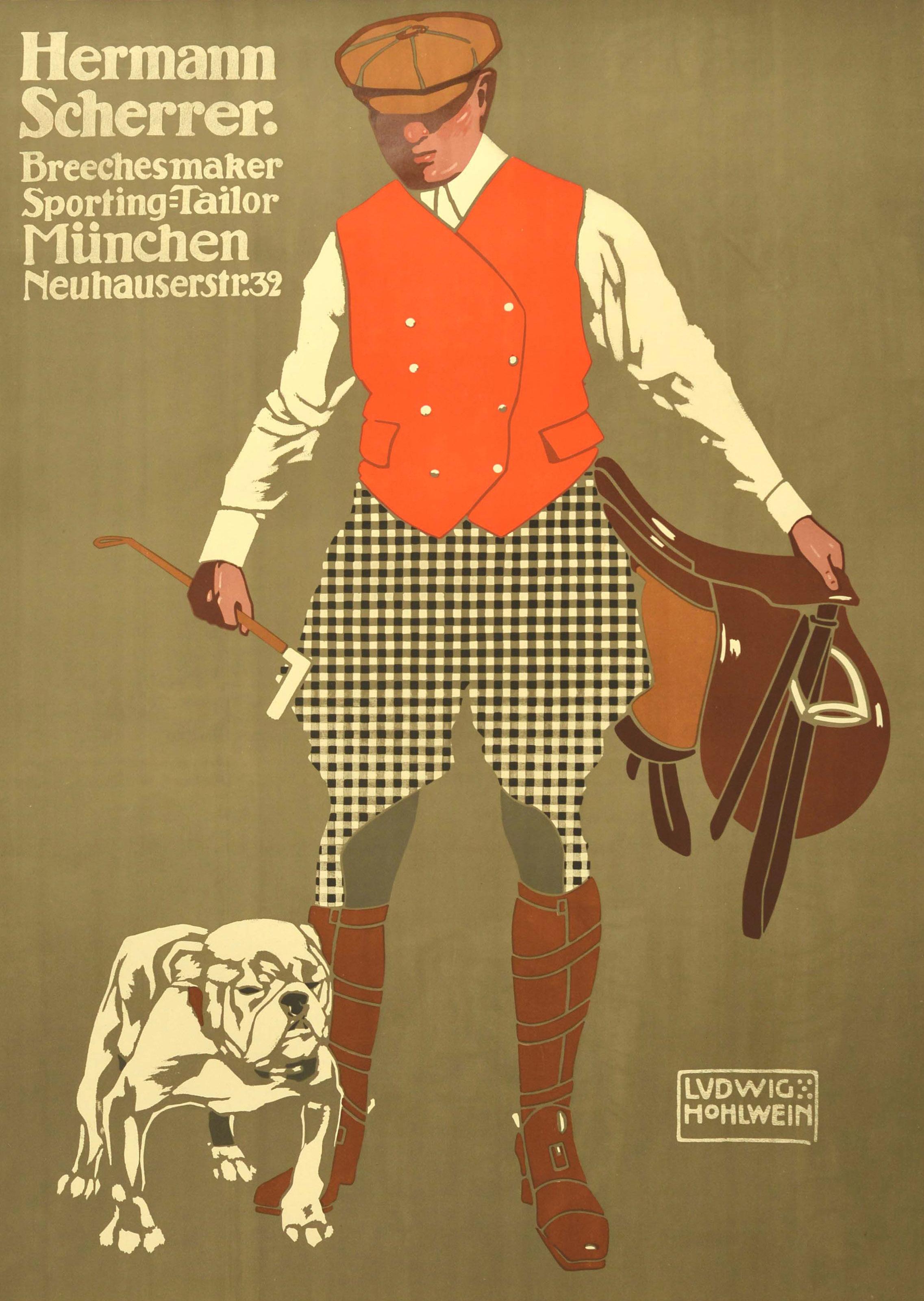 Original antique men's fashion and clothing advertising poster for Hermann Scherrer Breeches maker Sporting Tailor Munchen Neuhauser Strasse 32. Great artwork by the notable German graphic artist Ludwig Hohlwein (1874-1949) featuring a man carrying