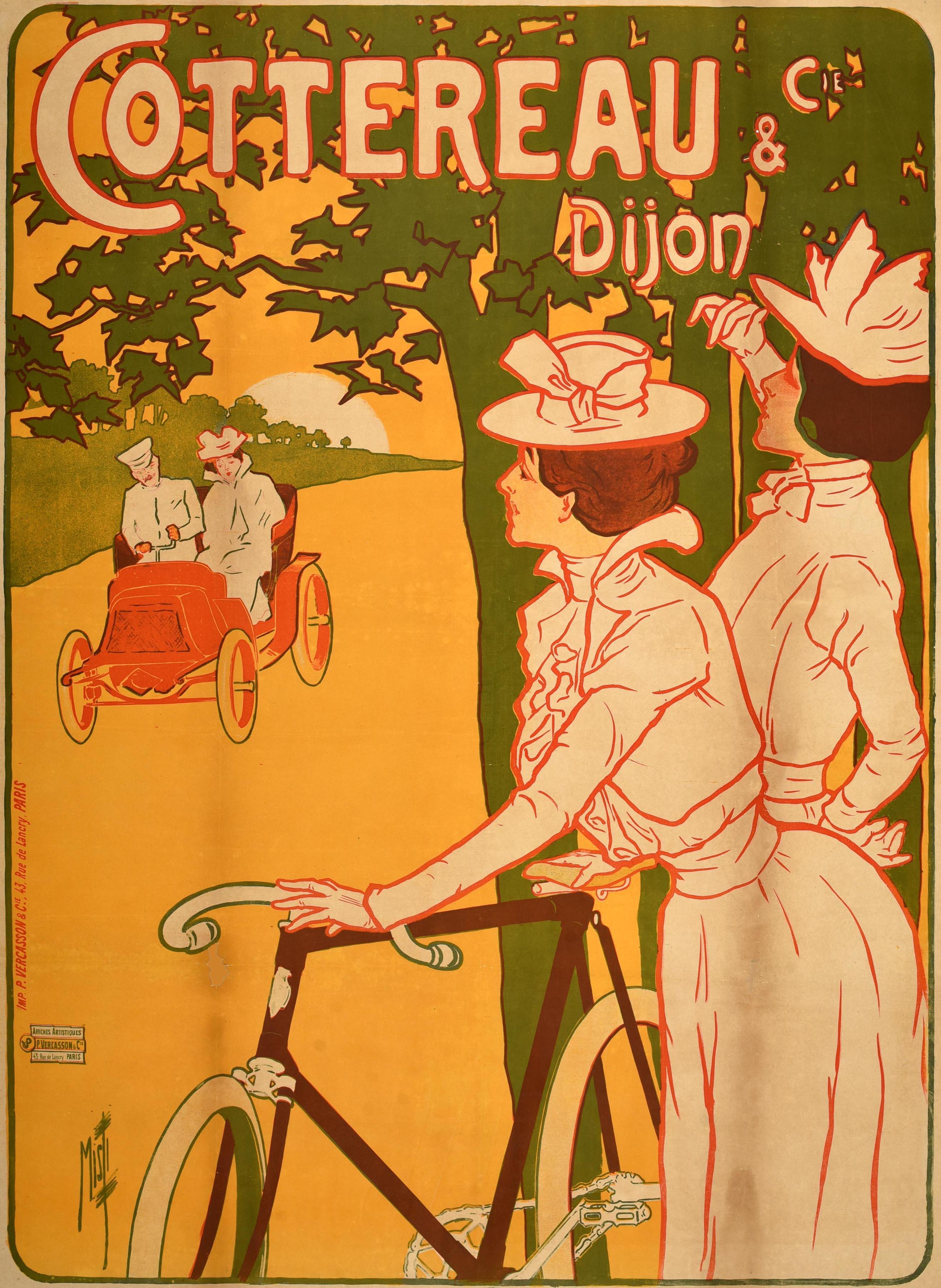Original antique French advertising poster for Cottereau & Cie Dijon featuring Belle Epoque artwork by Misti (Ferdinand Mifliez; 1865-1923) of two ladies in fashionable dresses and hats standing with a bicycle by trees and looking at a couple