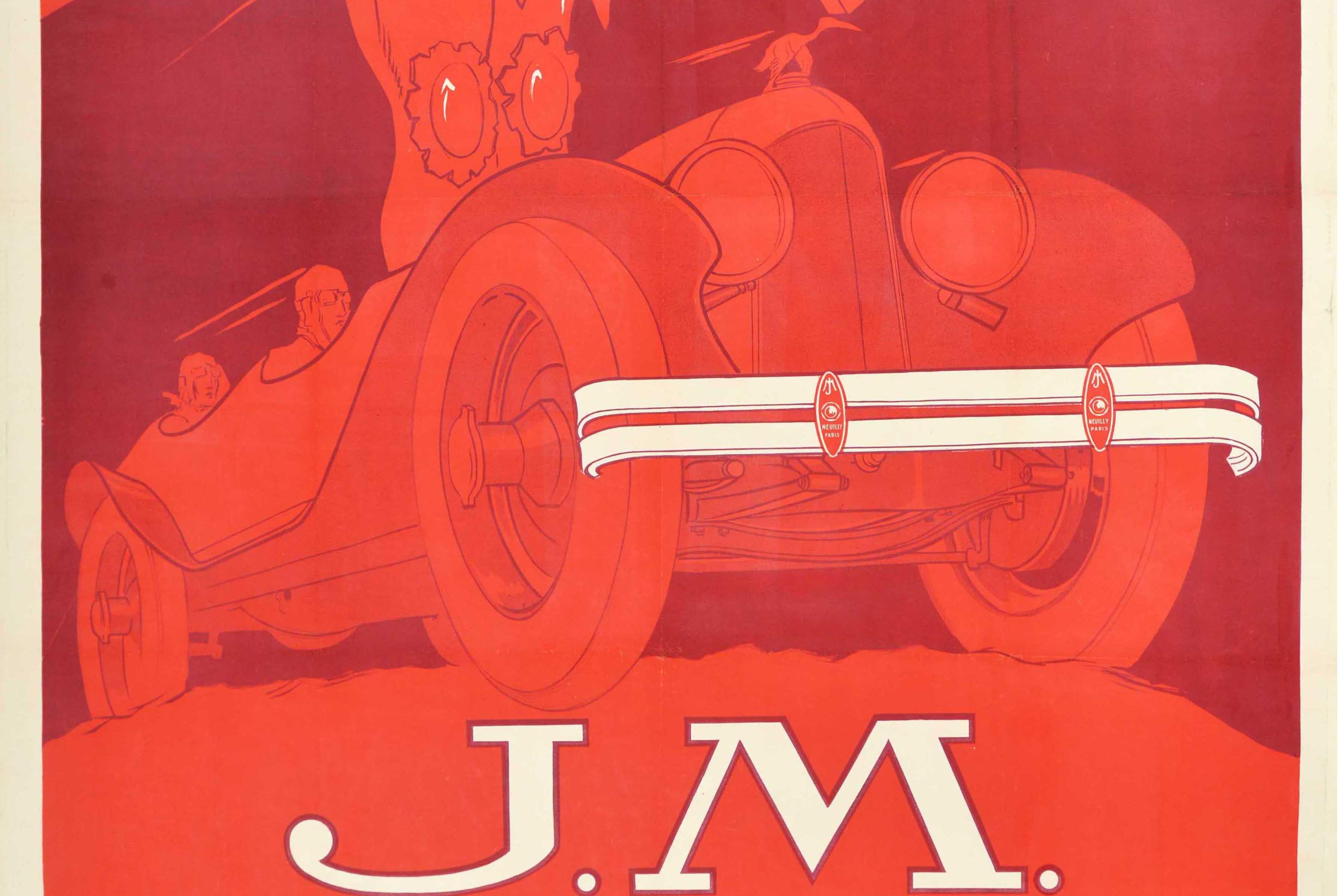 Original antique French poster advertising JM shock absorbers as the shield of the car - Le Bouclier de la Voiture J.M. Pare-Choc Amortisseur - featuring a stunning Art Deco design depicting a knight in armour holding a lance and a shield marked JM