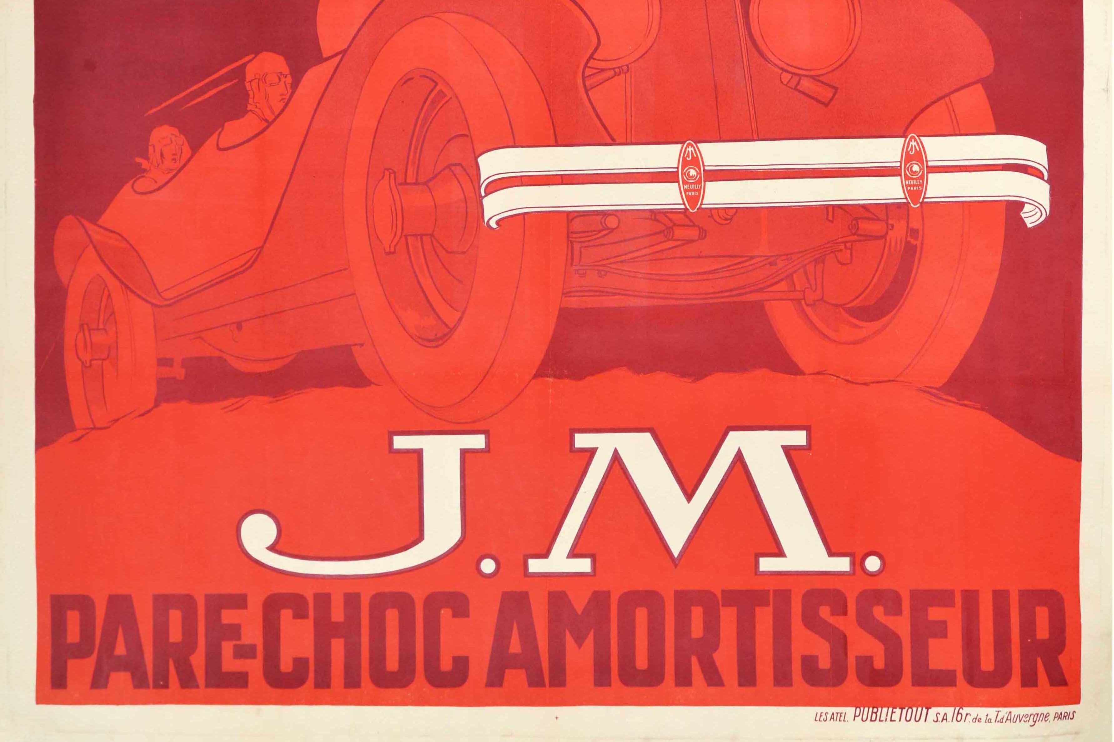 Early 20th Century Original Antique French Advertising Poster JM Shock Absorbers Automobile Art For Sale