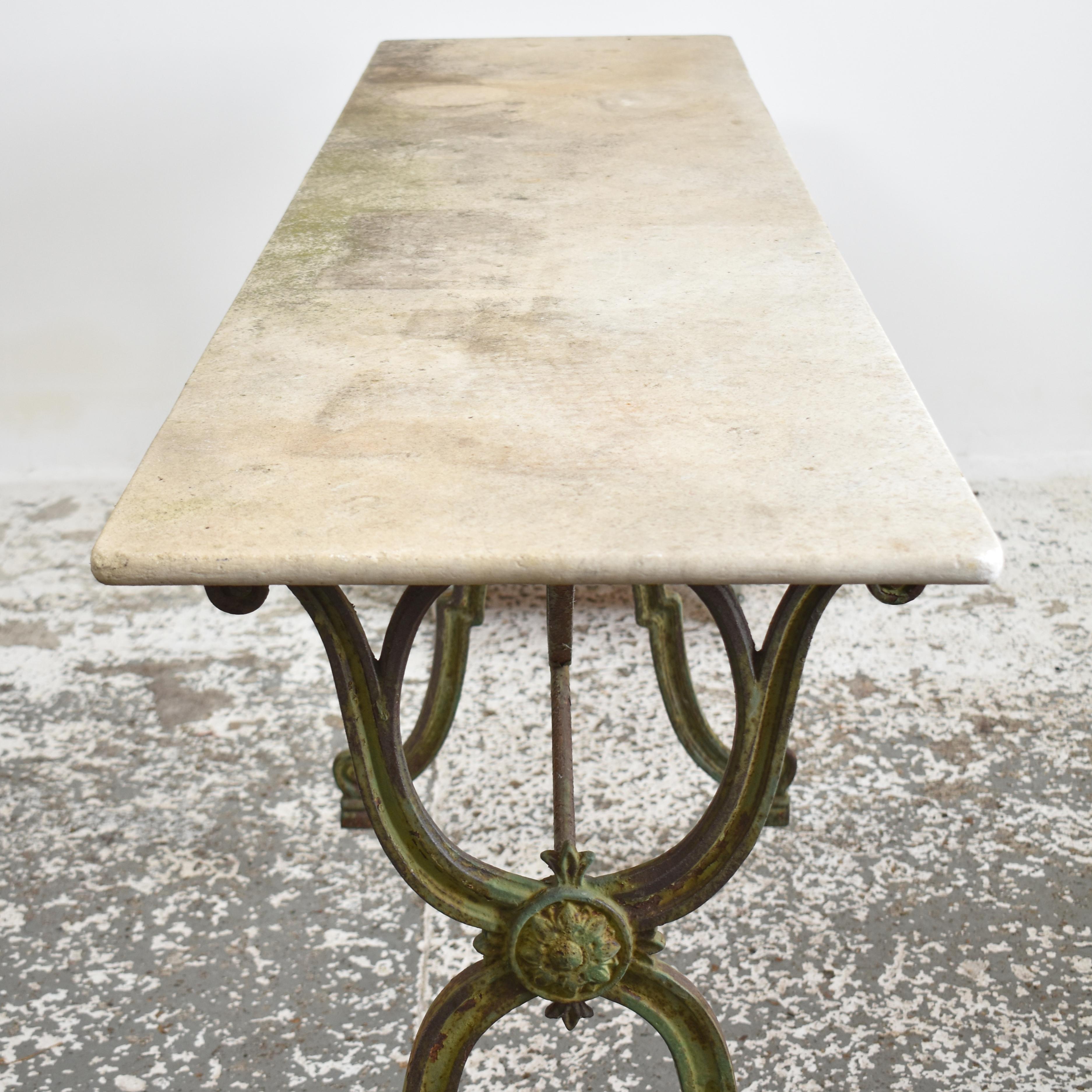 Original Antique French Arras Style Wrought Iron Marble Garden Table In Good Condition In Stockbridge, GB