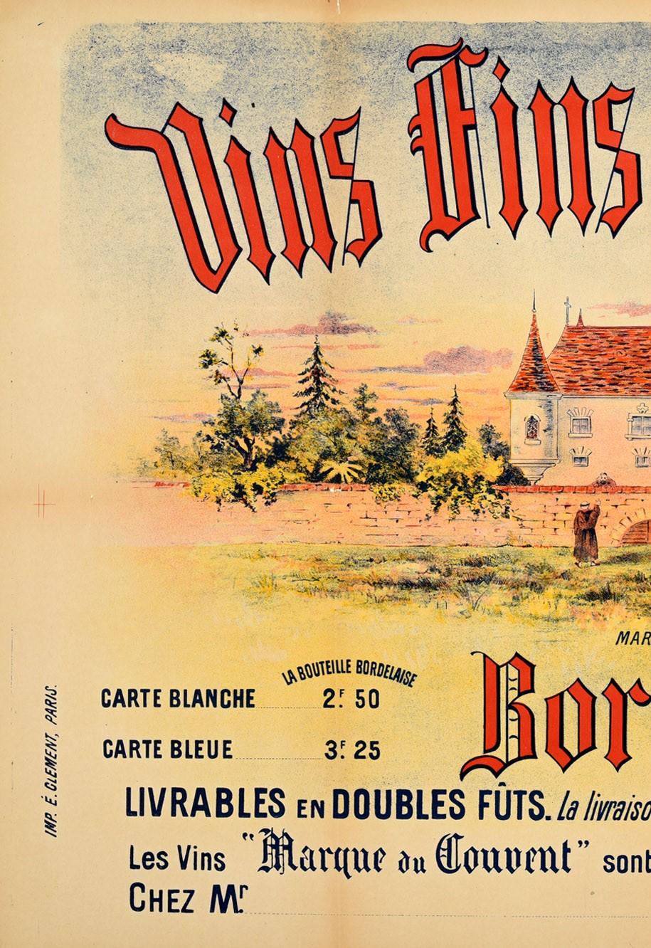 Original antique French drink advertising poster for Bordeaux wine - Vins Fins marque du Convent Bordeaux / fine wines from the Convent - featuring detailed artwork showing monks walking along a wall in the green gardens around the convent building