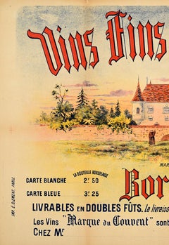 Original Antique French Bordeaux Wine Poster Vins Fins Marque Du Convent France