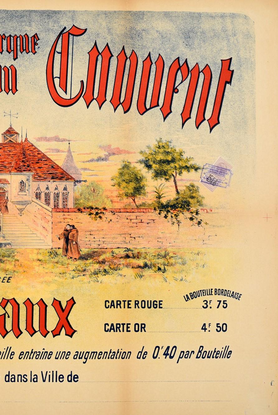 Original Antique French Bordeaux Wine Poster Vins Fins Marque Du Convent France In Excellent Condition In London, GB
