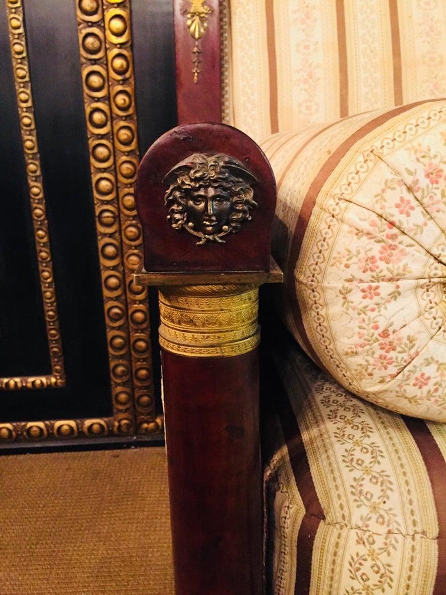 Original Antique French Empire Sofa Mahogany Veneer with Columns For Sale 5