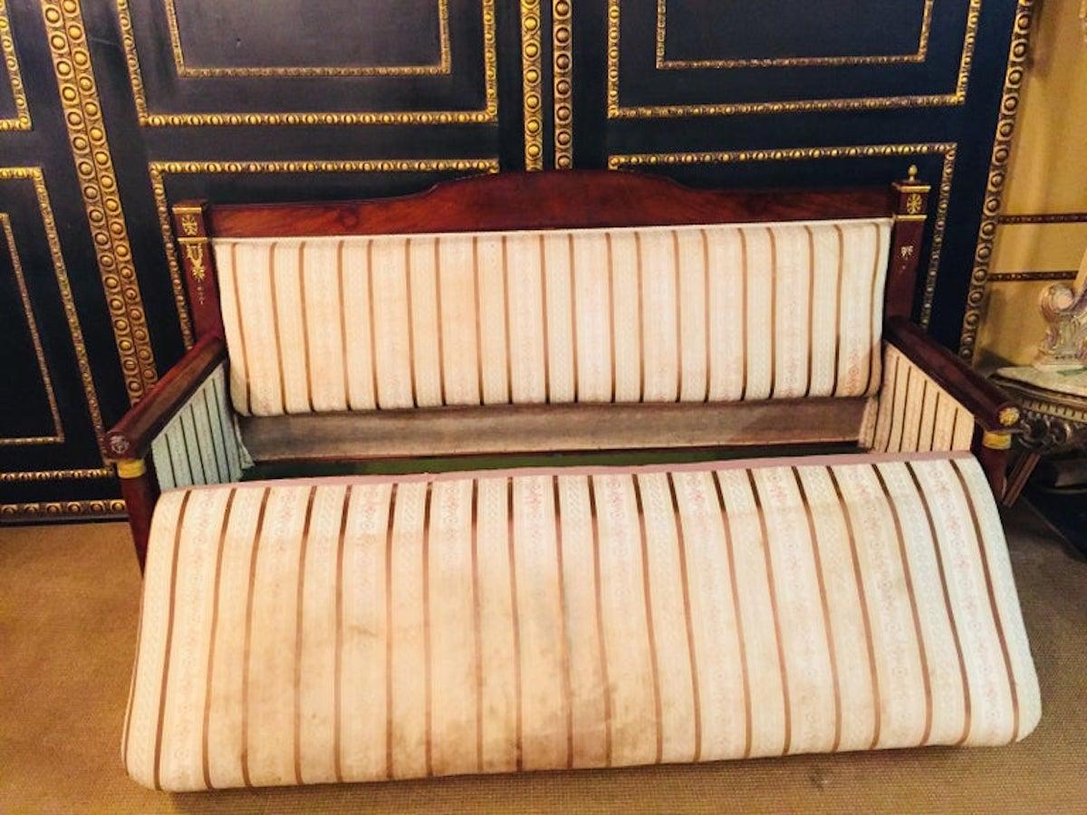 Original Antique French Empire Sofa Mahogany Veneer with Columns For Sale 8