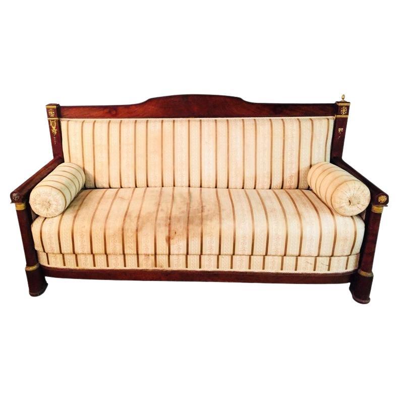 Original Antique French Empire Sofa Mahogany Veneer with Columns For Sale