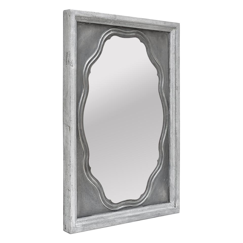 Original antique French mirror from the 50's. Antique frame in silvered wood (gilding to the patinated leaf) around a stylized cut-out in tinned and chased pewter. Antique silverwood frame width measures: 3 cm / 1.18 in. Modern glass mirror. Wood