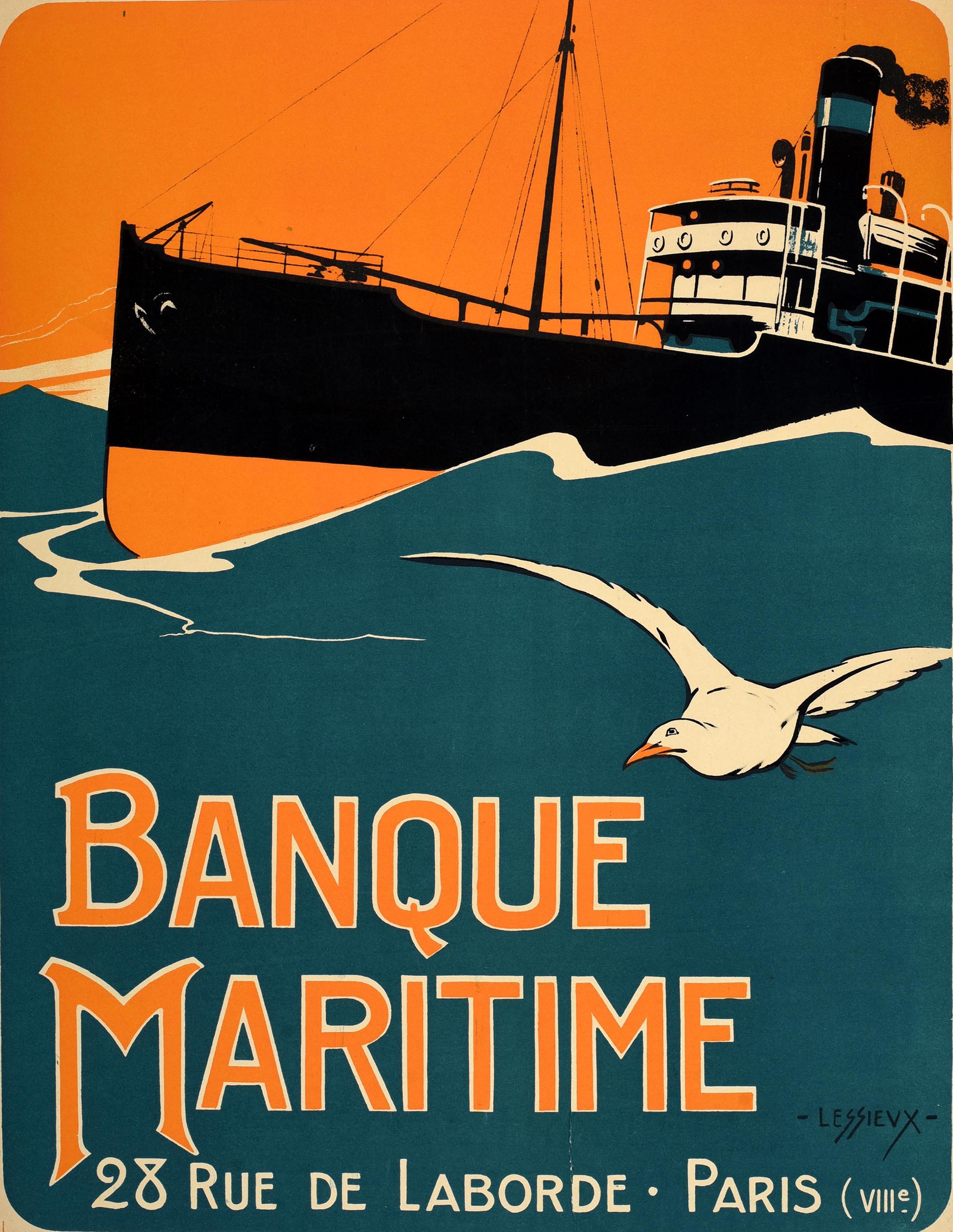 Original antique French poster - Emprunt National 1920 Banque Maritime 28 Rue de Laborde Paris / National Loan 1920 Maritime Bank - featuring a design by Ernest Louis Lessieux (1848-1925) depicting a steam ship sailing at sea through blue waves with
