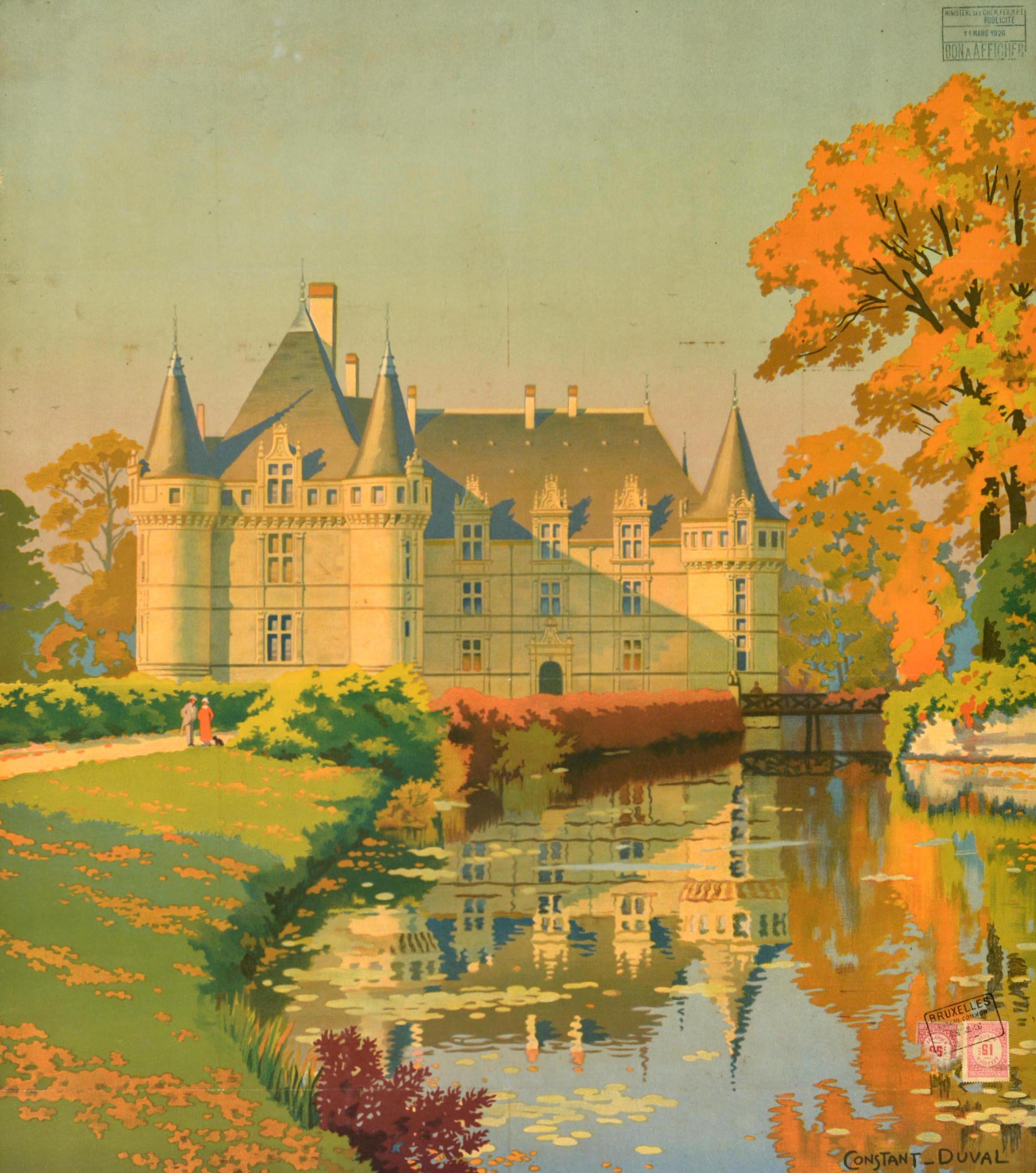 Antico manifesto pubblicitario delle Ferrovie Francesi per i viaggi in auto - Chemins de Fer de Paris a Orleans & de l'Etat Chateau d'Azay-le-Rideau Circuits Automobiles de la Cie d'Orleans au Depart de Tours - con uno splendido disegno di Constant