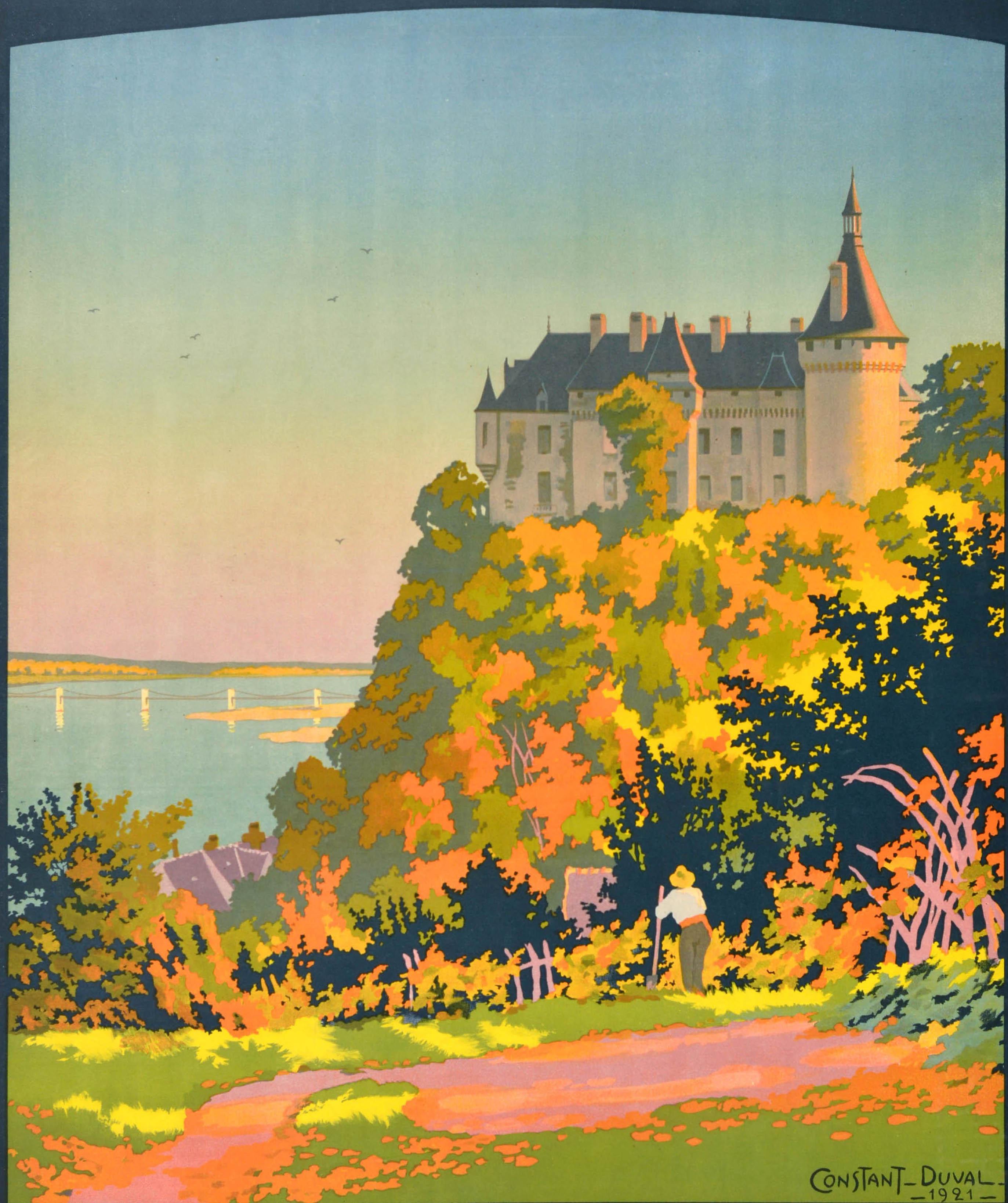 Affiche publicitaire ancienne des Chemins de fer français pour les châteaux de la Loire et les circuits automobiles - Chemin de Fer d'Orléans Chaumont Les Châteaux de la Loire Circuits Automobiles - comportant une vue colorée et pittoresque de