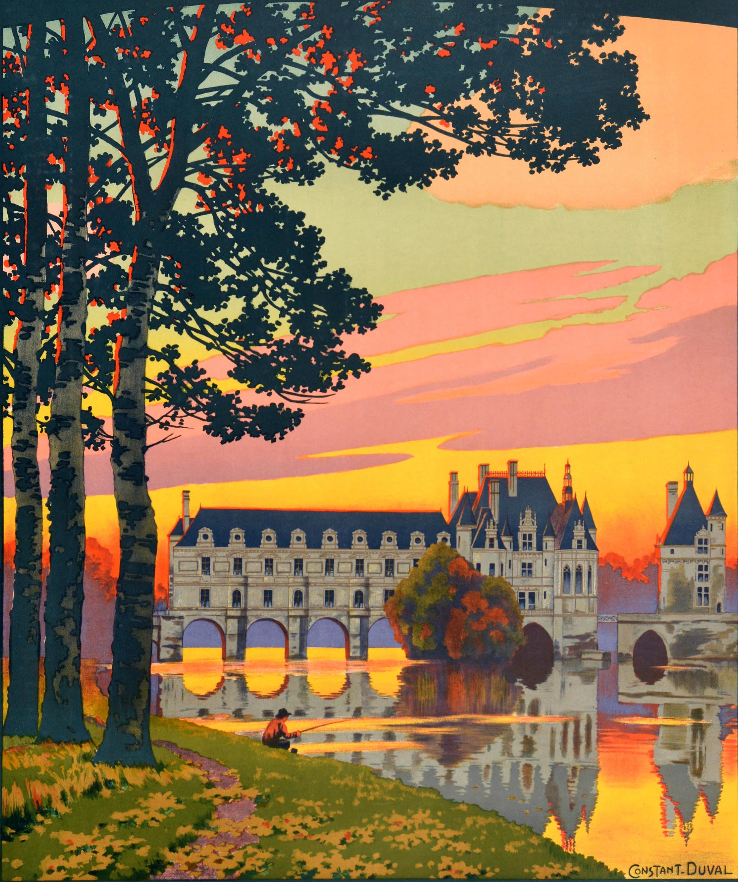 Antico manifesto pubblicitario delle Ferrovie Francesi per i castelli della Valle della Loira e i tour in auto - Chemins de Fer de Paris a Orleans Chenonceaux Les Chateaux de la Loire Circuits Automobiles - con una splendida veduta al tramonto di
