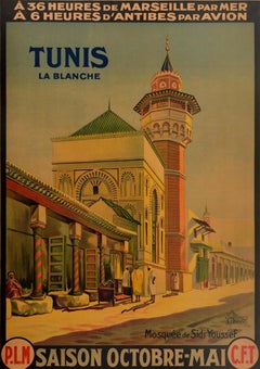 Original Antique French Travel Poster Tunis La Blanche PLM CFT Railway Tunisia