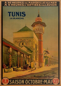 Original Antique French Travel Poster Tunis La Blanche PLM CFT Railway Tunisia