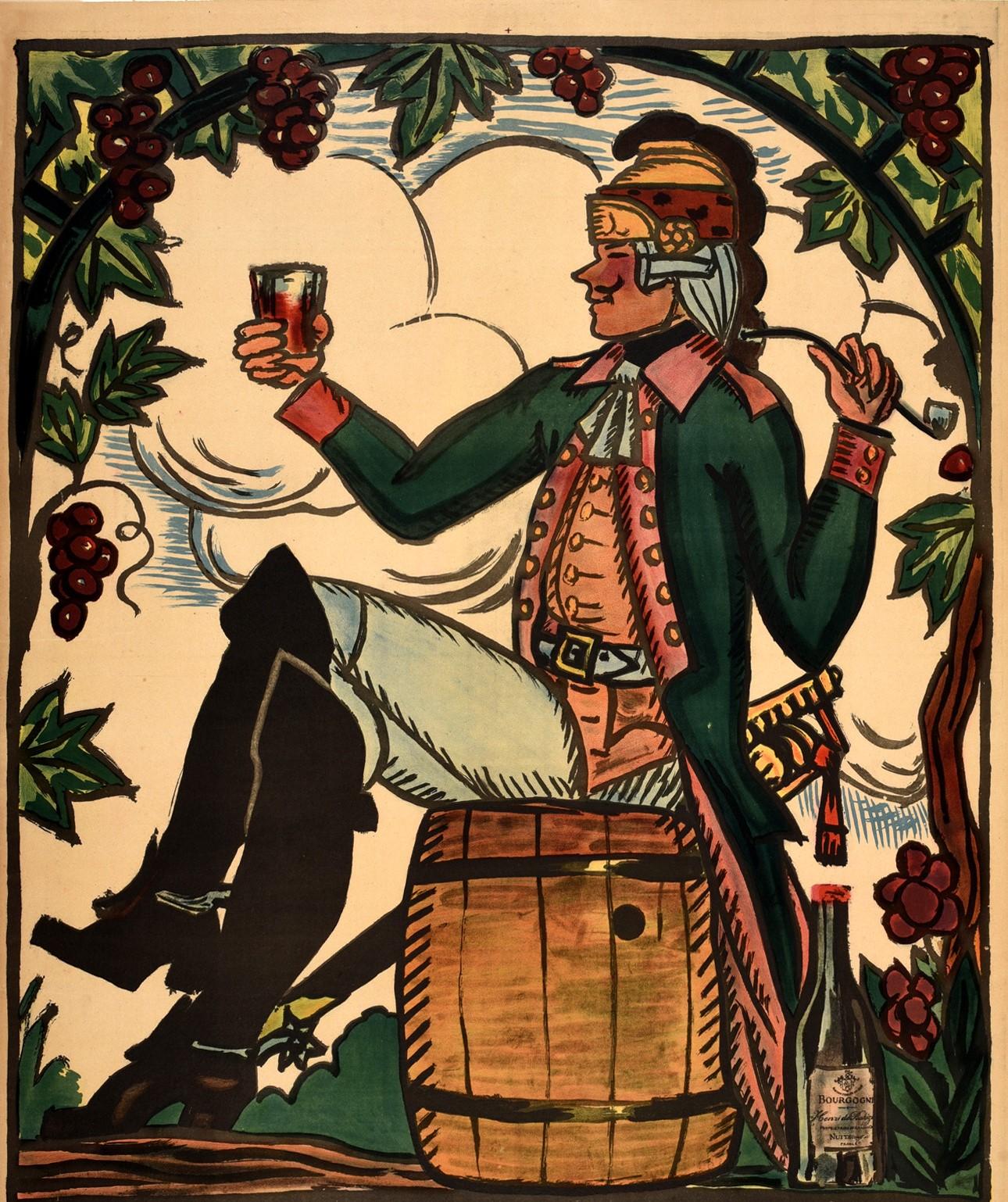 Original antique French wine advertising poster for Henri de Bahezre's Burgundy Wines / Les Vins de Bourgogne de Henri de Bahezre featuring great artwork by Guy Arnoux (1886-1951) depicting a smartly dressed man in military uniform with a sword on