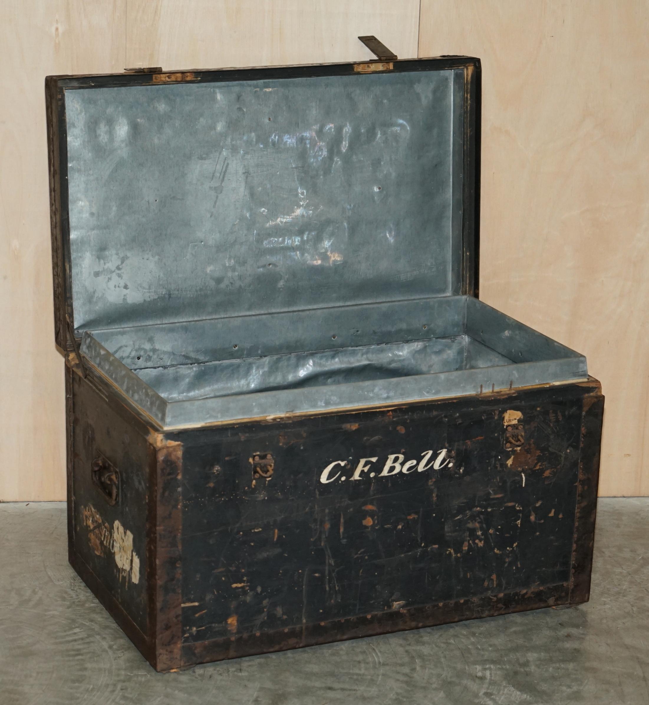 Original Antique Fully Stamped Army & Navy Cls Steamer Campaign Trunk Zinc Lined For Sale 3