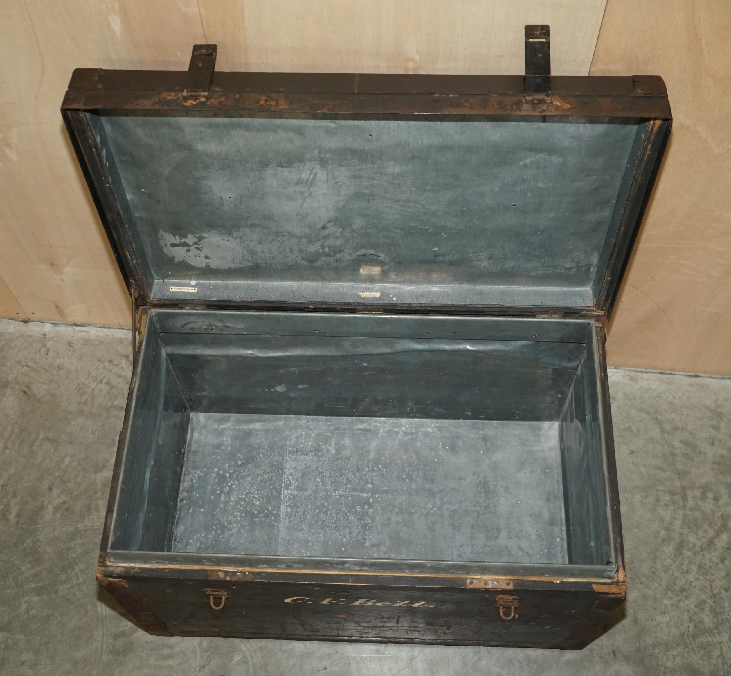 Original Antique Fully Stamped Army & Navy Cls Steamer Campaign Trunk Zinc Lined For Sale 4