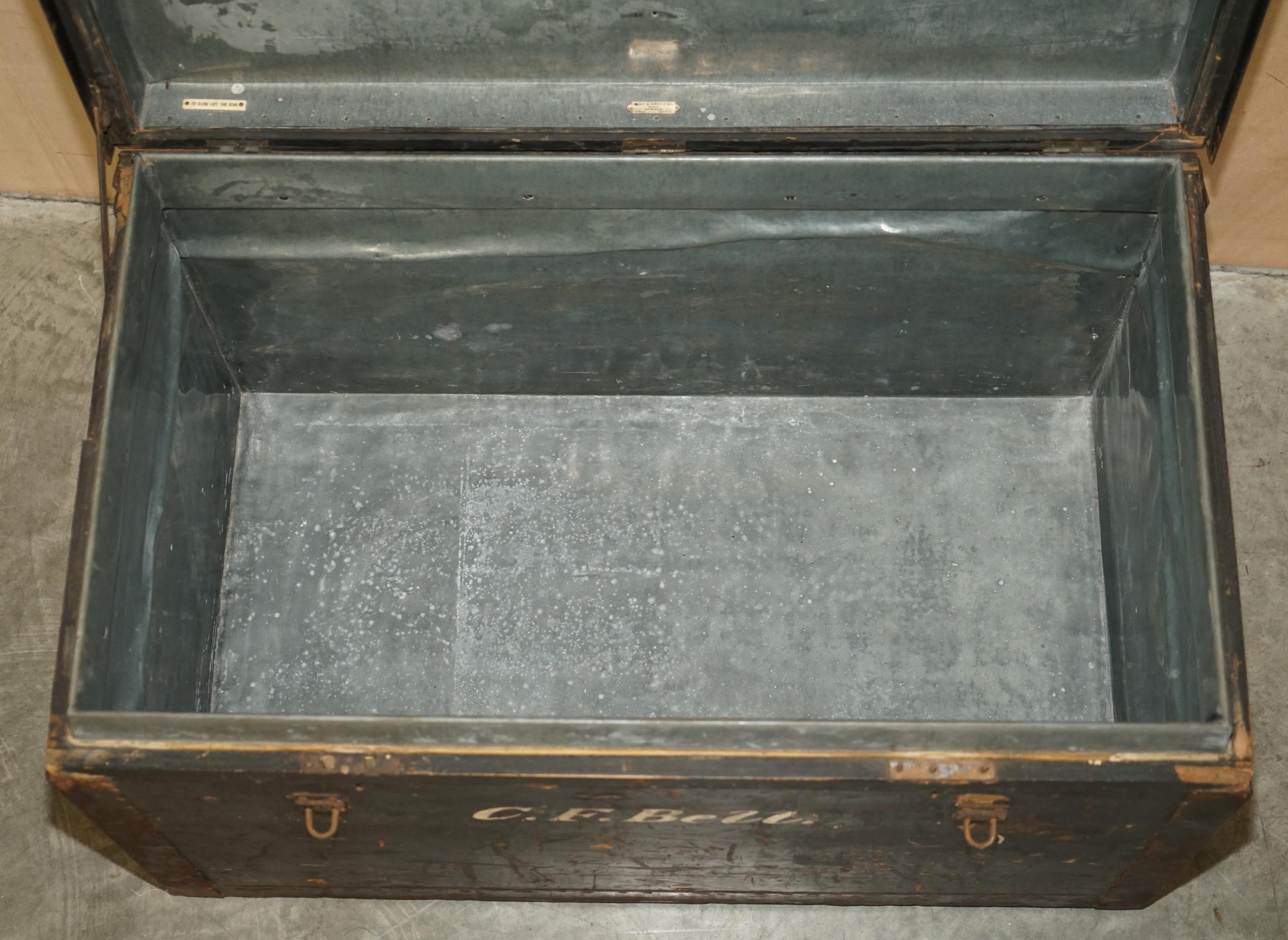 Original Antique Fully Stamped Army & Navy Cls Steamer Campaign Trunk Zinc Lined For Sale 4