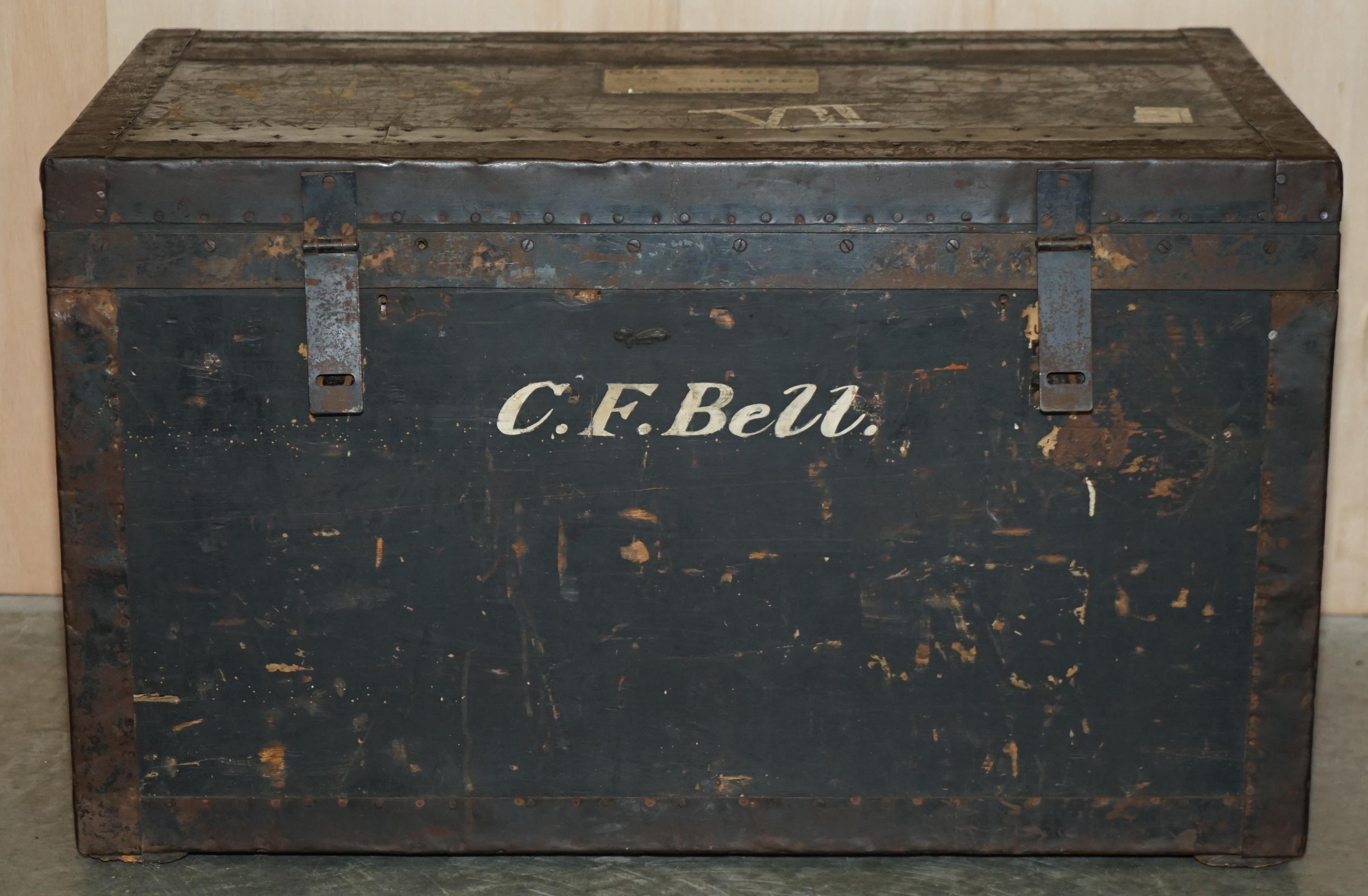 British Original Antique Fully Stamped Army & Navy Cls Steamer Campaign Trunk Zinc Lined For Sale