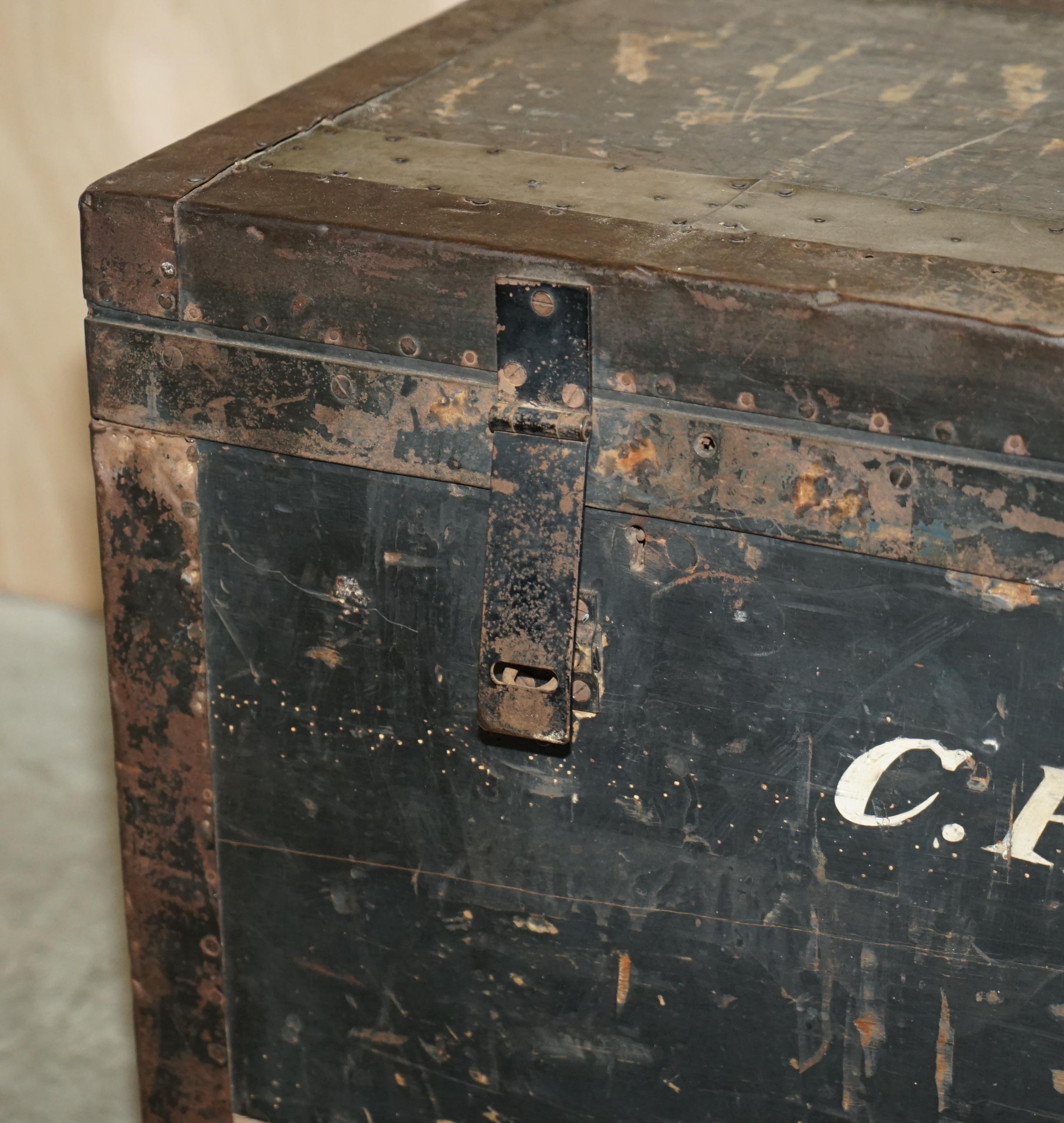 Hand-Crafted Original Antique Fully Stamped Army & Navy Cls Steamer Campaign Trunk Zinc Lined For Sale