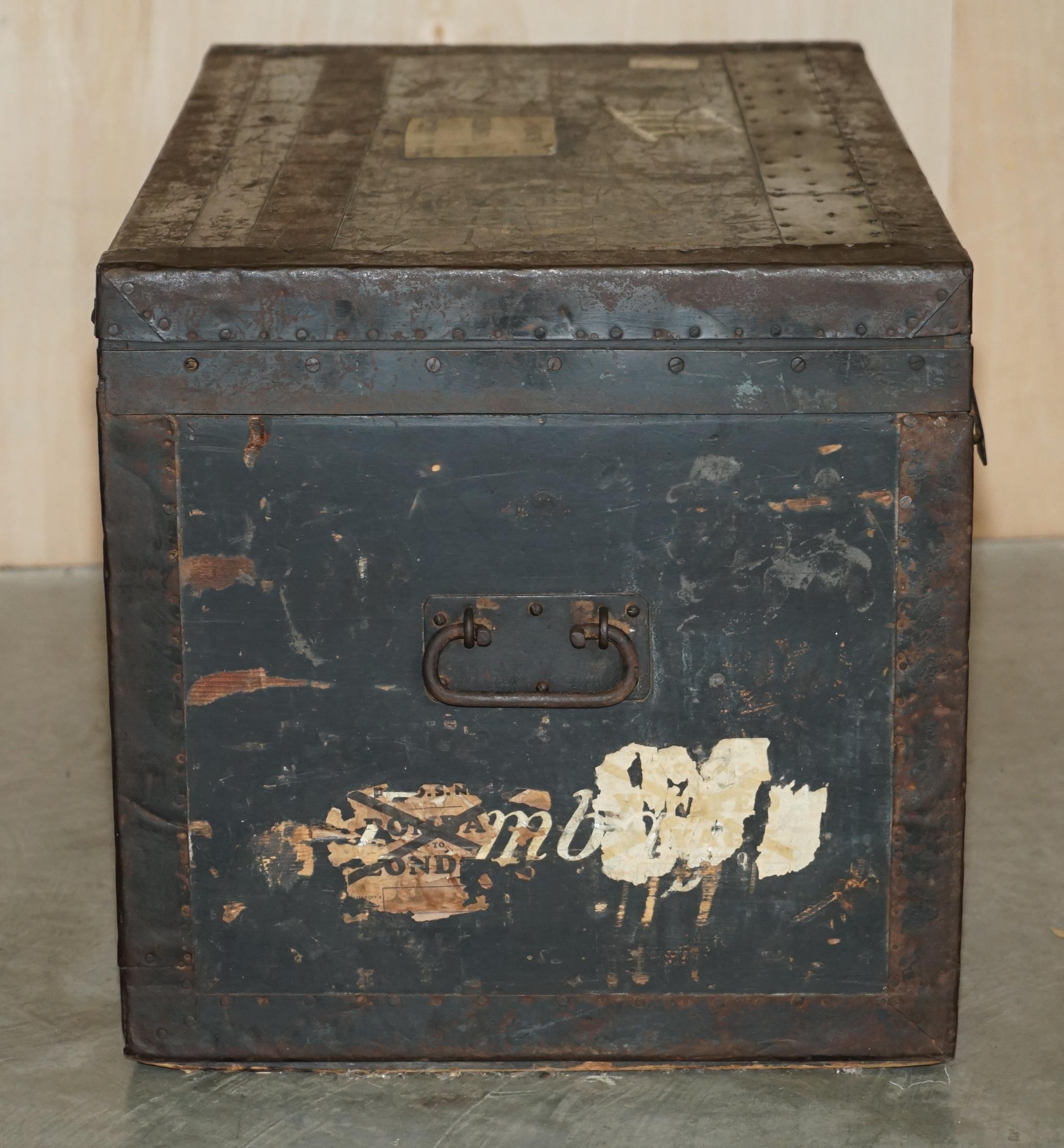 Late 19th Century Original Antique Fully Stamped Army & Navy Cls Steamer Campaign Trunk Zinc Lined For Sale