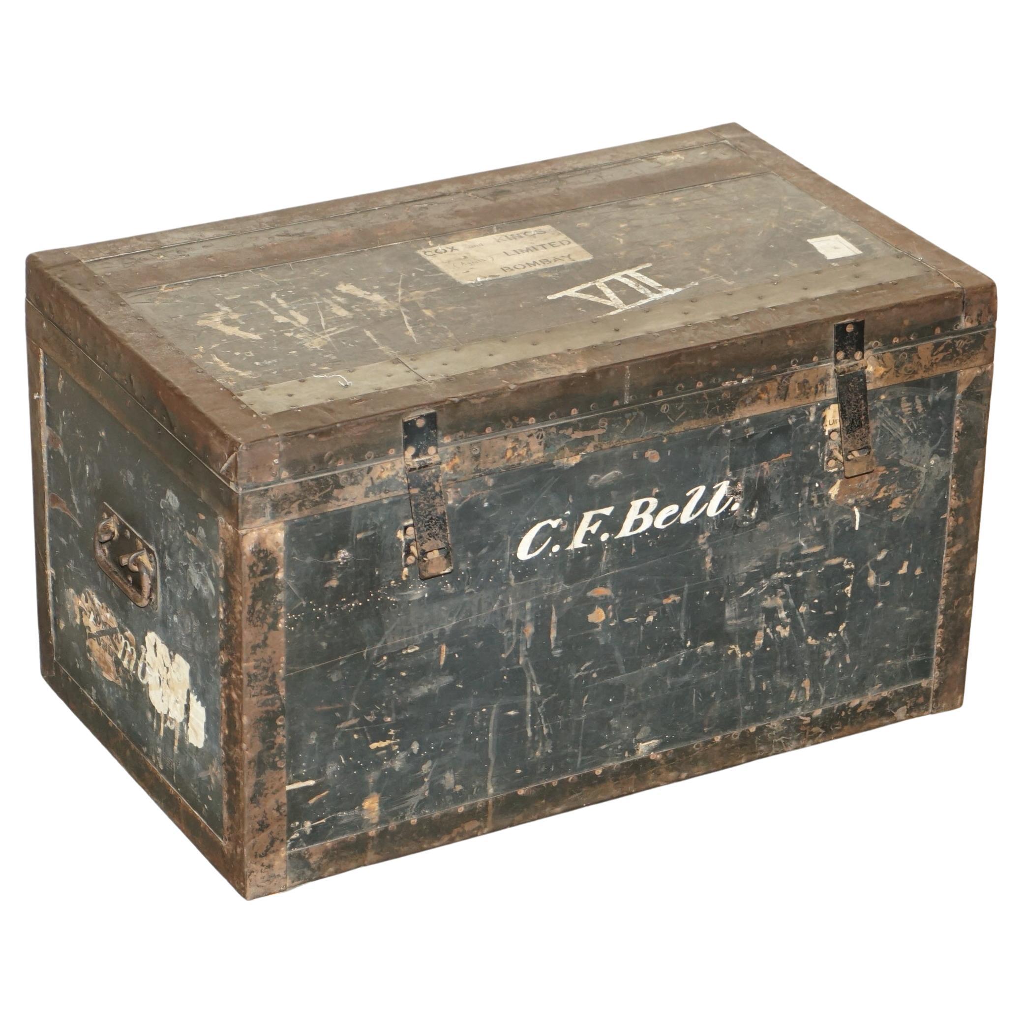 Original Antique Fully Stamped Army & Navy Cls Steamer Campaign Trunk Zinc Lined For Sale