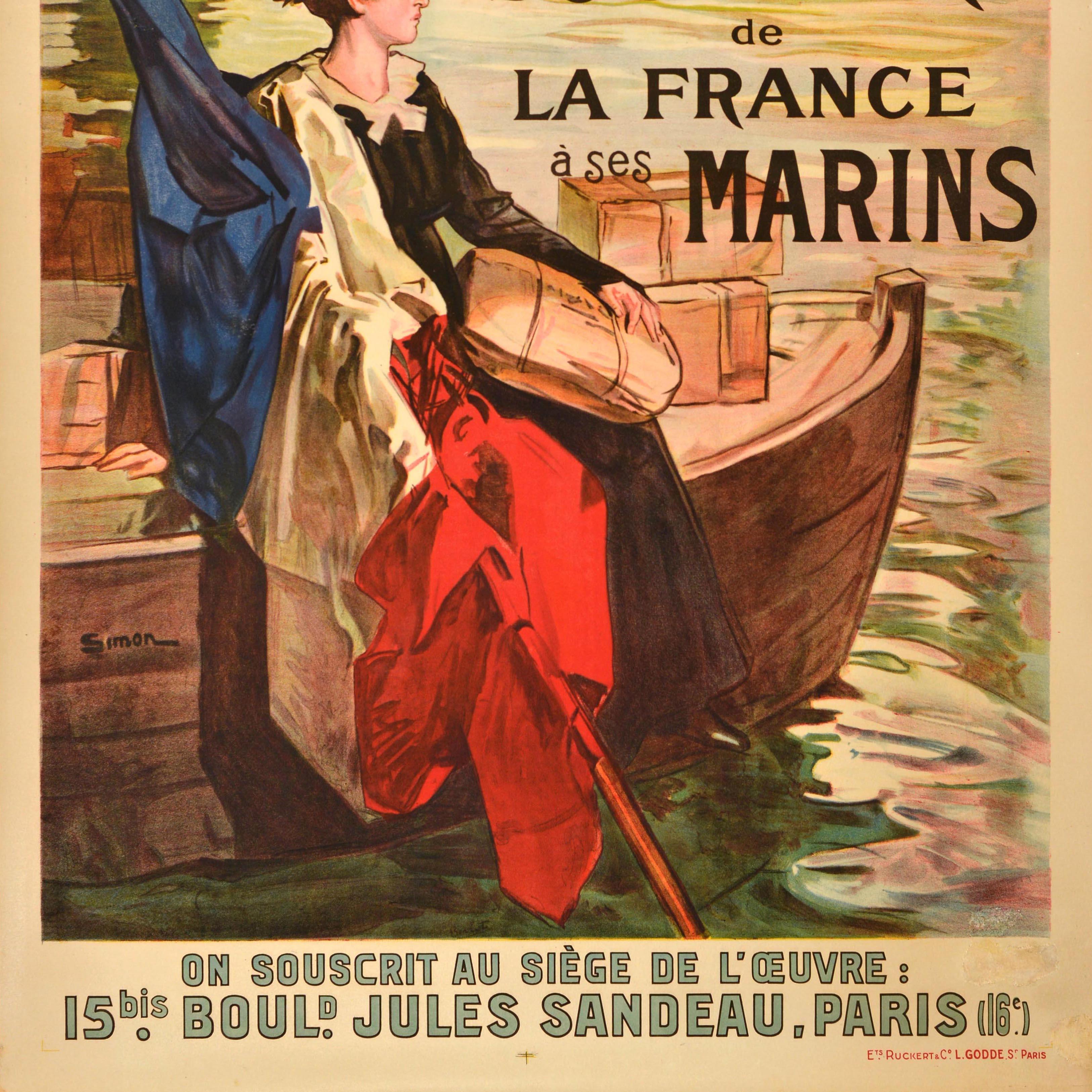 Original antique fundraising poster commemorating French sailors and promoting donations - Donnes tous a l'oeuvre du souvenir de la France a ses Marins / Everyone give to the fund in remembrance of the French sailors - featuring an illustration by
