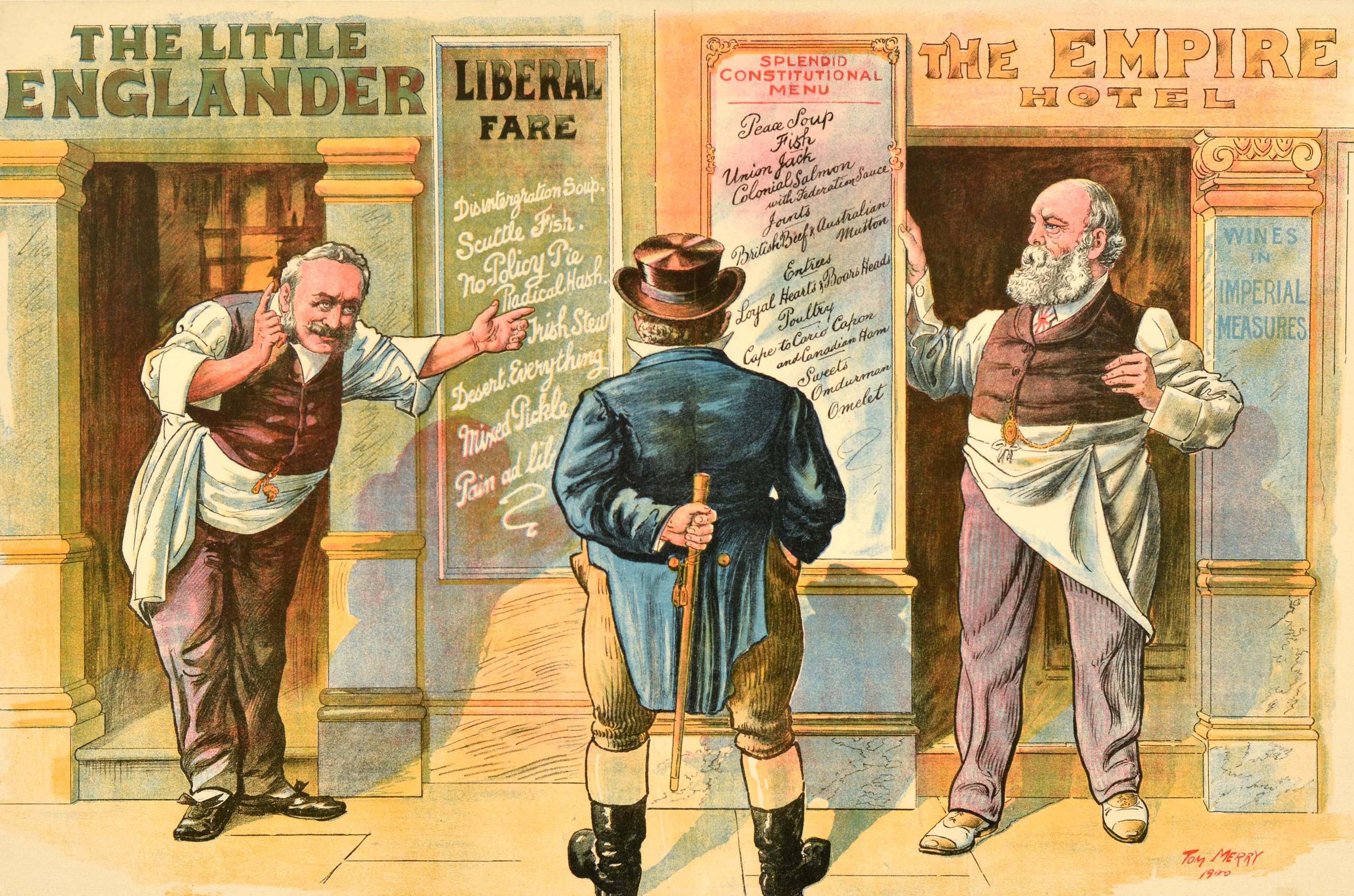 Original antique general election propaganda poster featuring artwork by the British cartoonist and political satirist Tom Merry (William Mecham; 1853-1902), depicting the well-dressed gentleman in a suit and hat, John Bull as the national