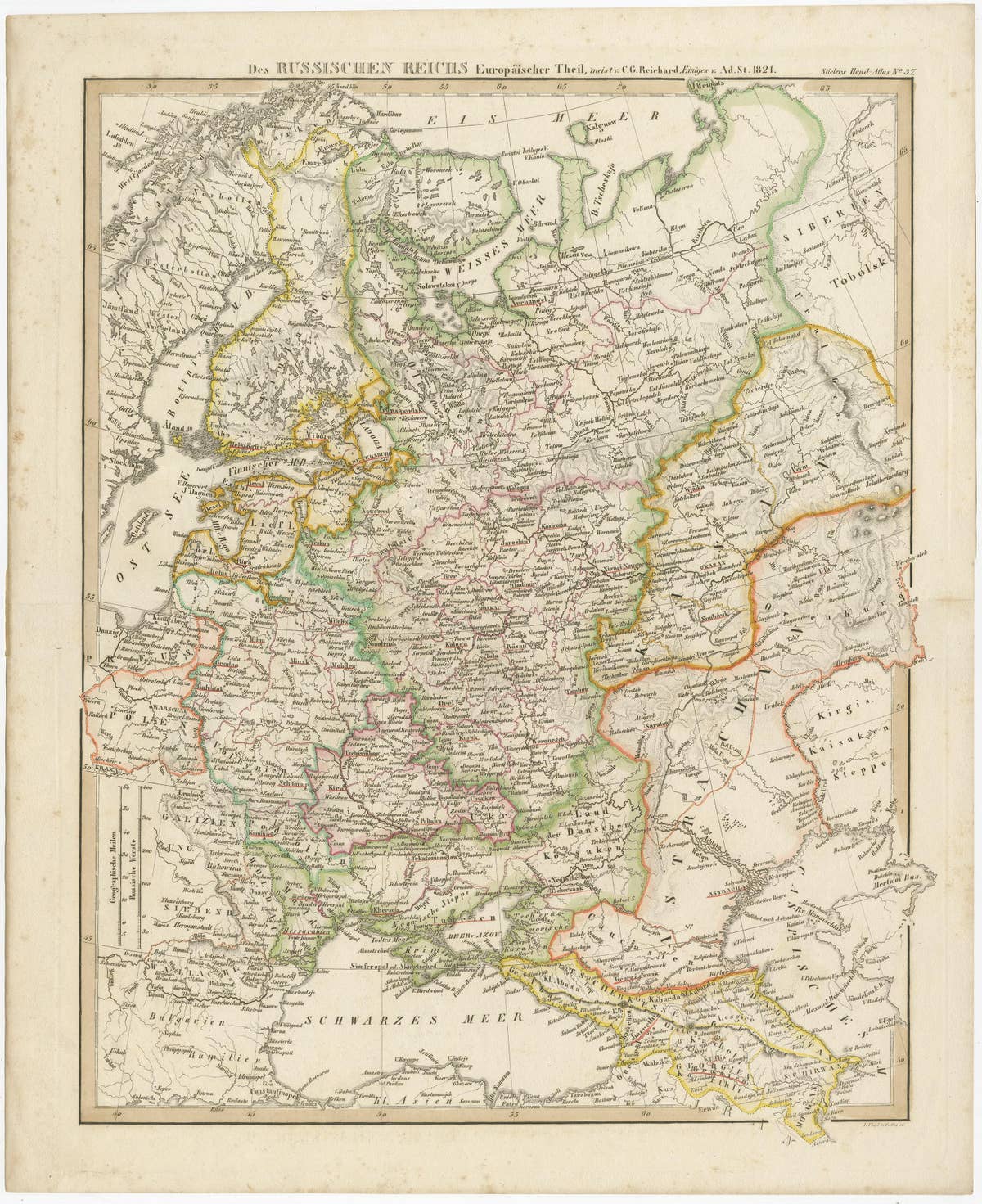 Original Antique German Map of the Russian Empire in Europe, ca.1825