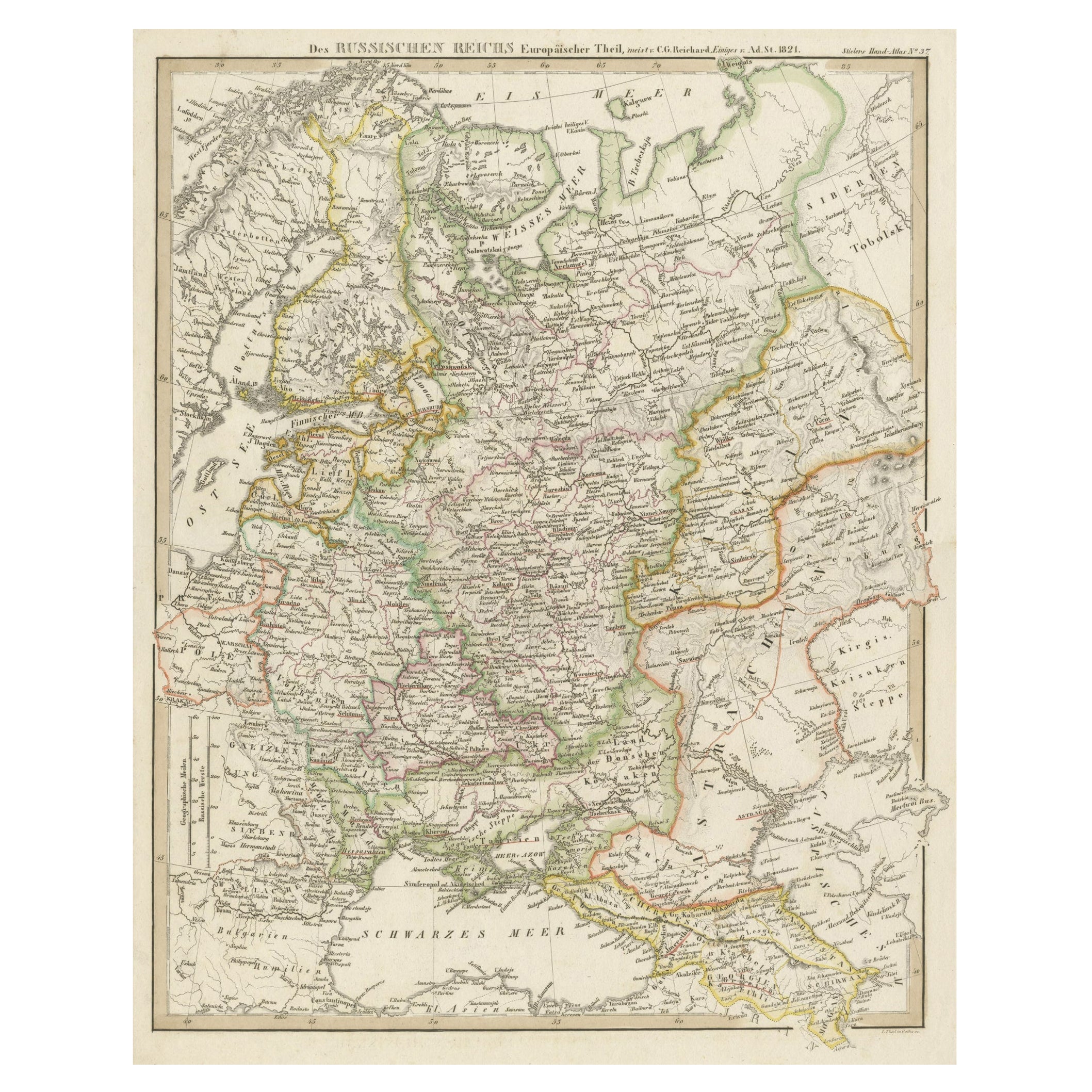 Mappa antica originale tedesca dell'Impero russo in Europa, 1825 ca.