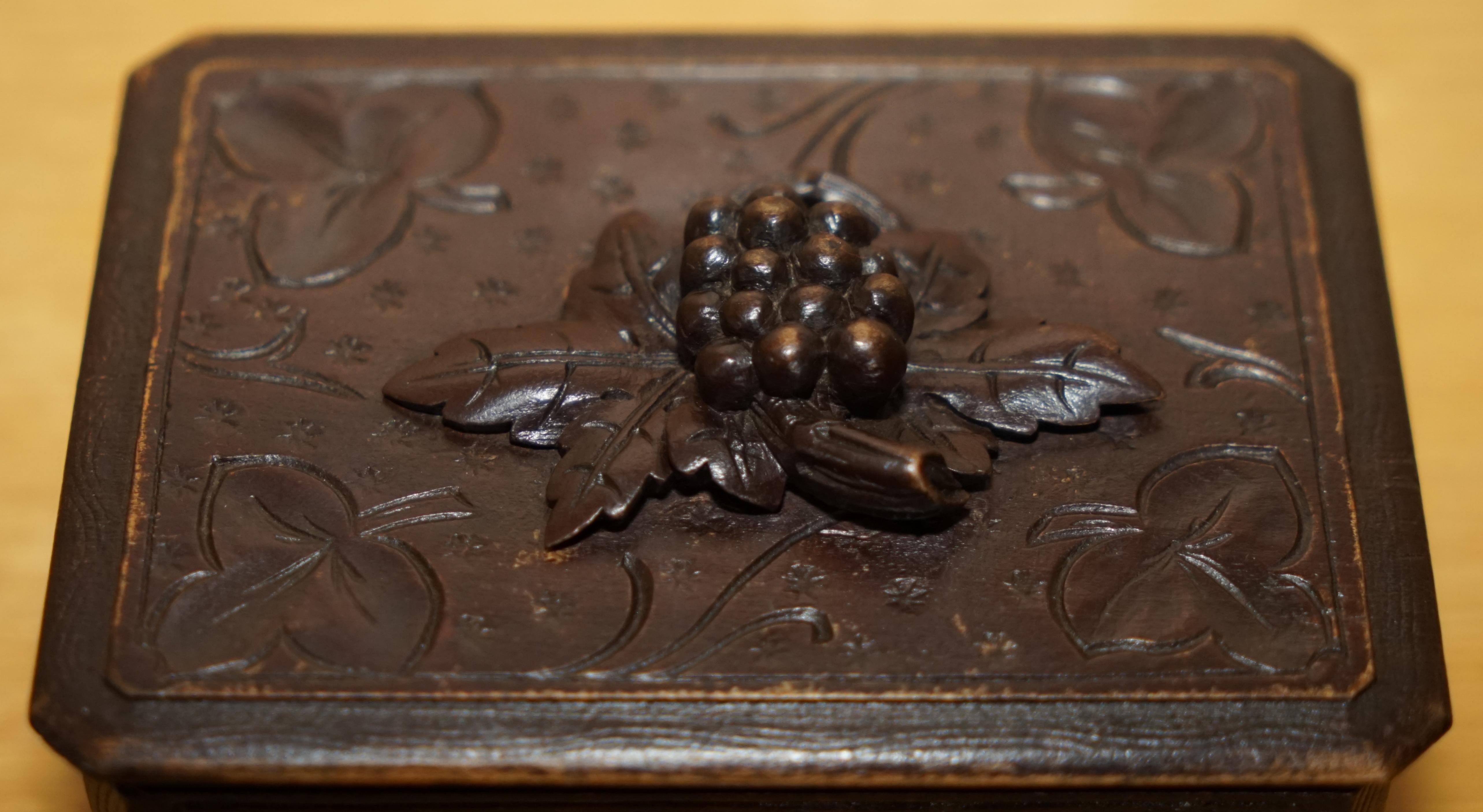 Late 19th Century Original Antique Grape Vine Carved Black Forest Wood Music Box Needs Service For Sale