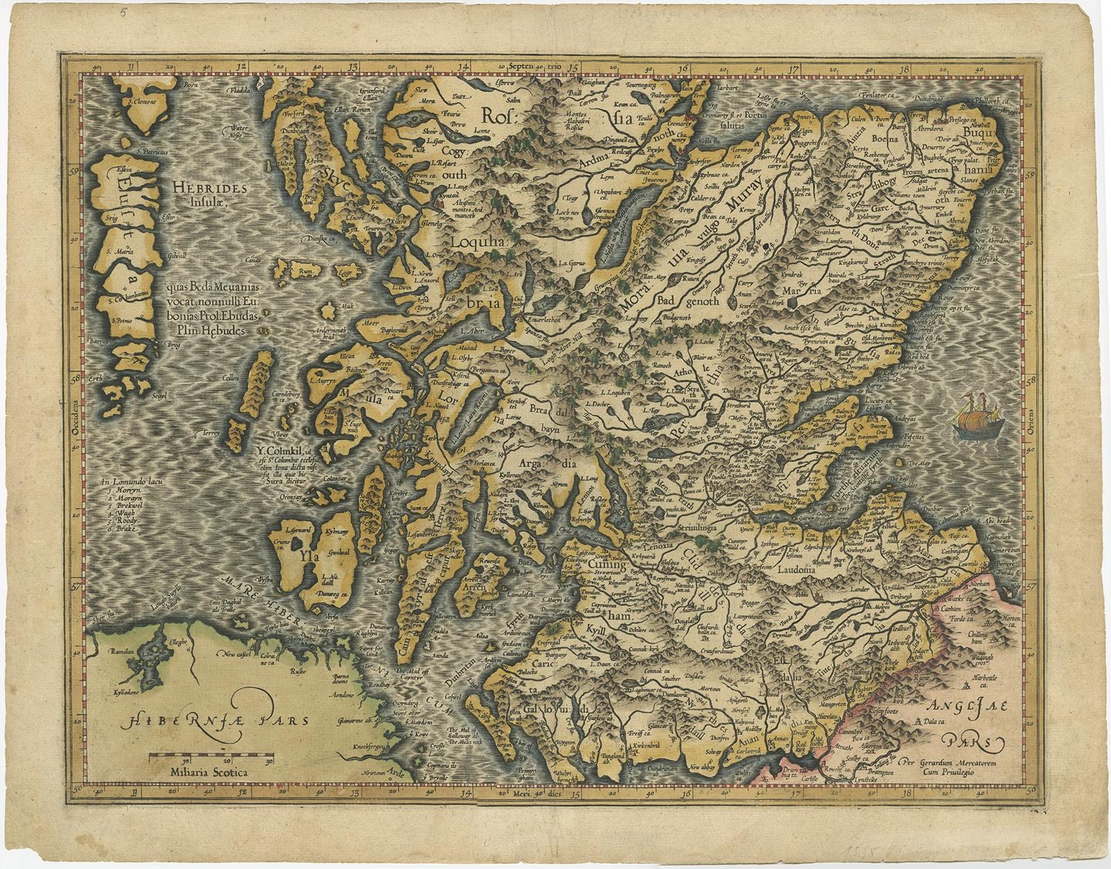 Antique map of Southern Scotland. This map was published by G. Mercator, he also published a map of Northern Scotland titled 'Scotiae Regnum'. Both maps were published on individual sheets. 

Artists and Engravers: Gerard Mercator (1512 - 1594)