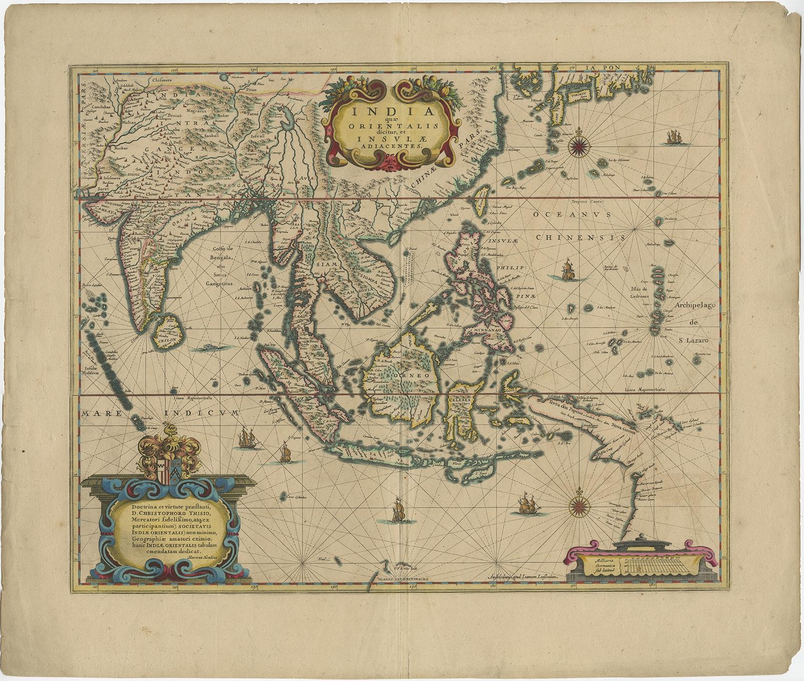 Antique map titled 'India quae Orientalis dicitur, et Insulae adiacentes'. 

Old map of the East Indies and Southeast Asia showing the area between India in the West and parts of Japan, the Marianas and New Guinea/Australia in the East. This map
