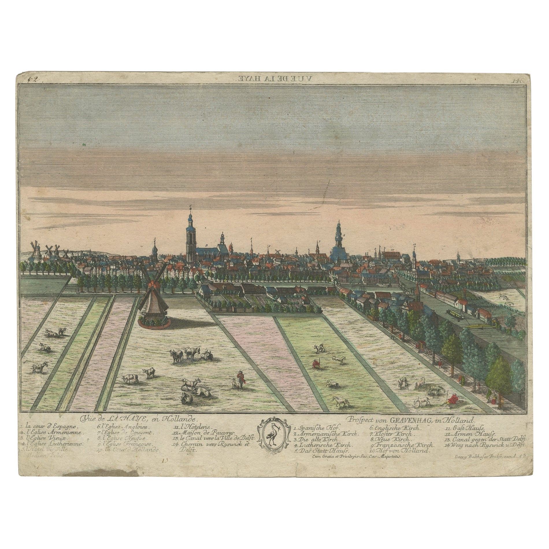 Original Antique Hand-Colored Optica Print of the Hague, C.1760