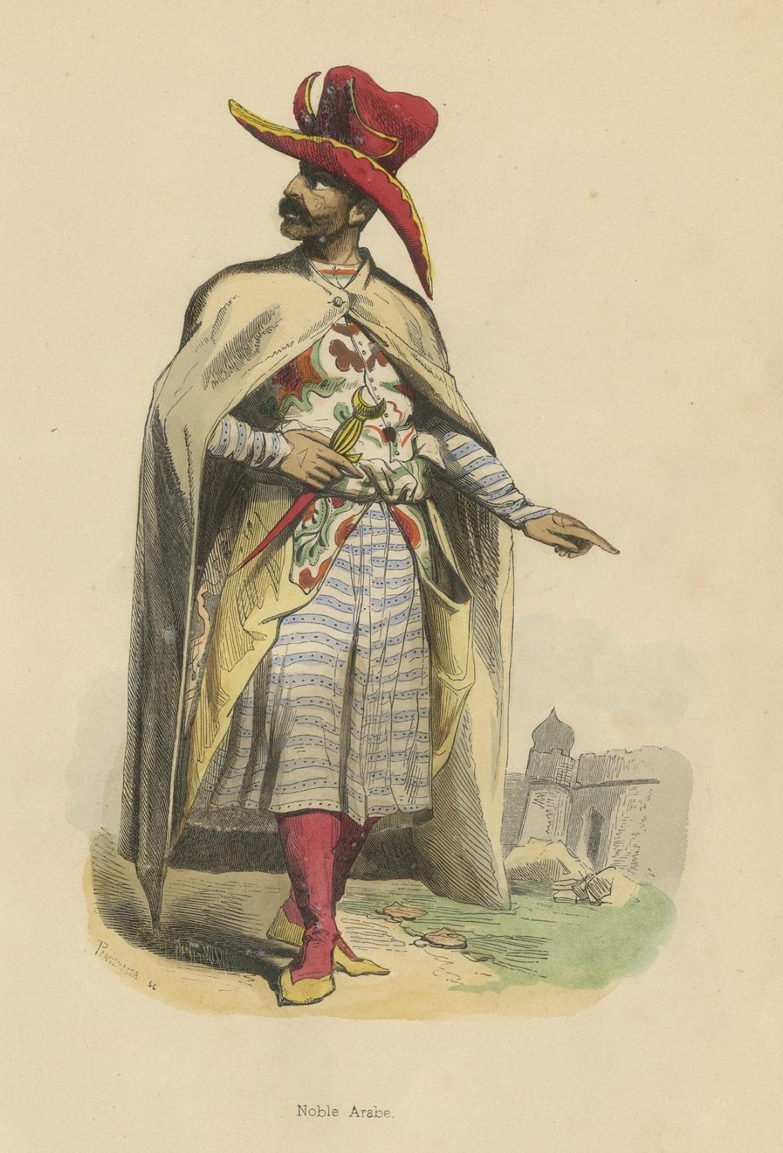 Antiker, handkolorierter Druck eines arabischen Adligen, 1843 im Zustand „Gut“ im Angebot in Langweer, NL