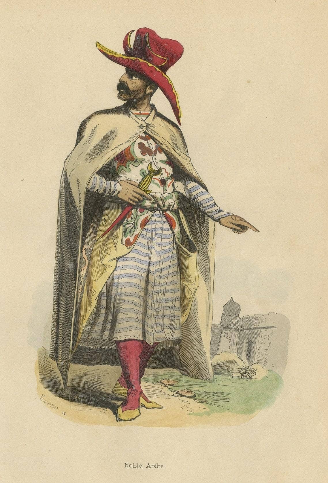 Original Antique Hand-Colored Print an Arab Nobleman, 1843