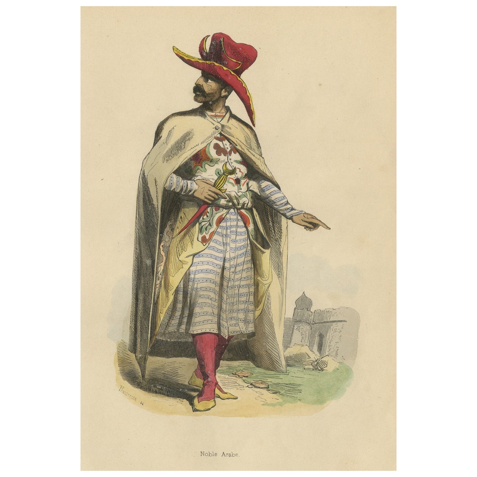 Antiker, handkolorierter Druck eines arabischen Adligen, 1843