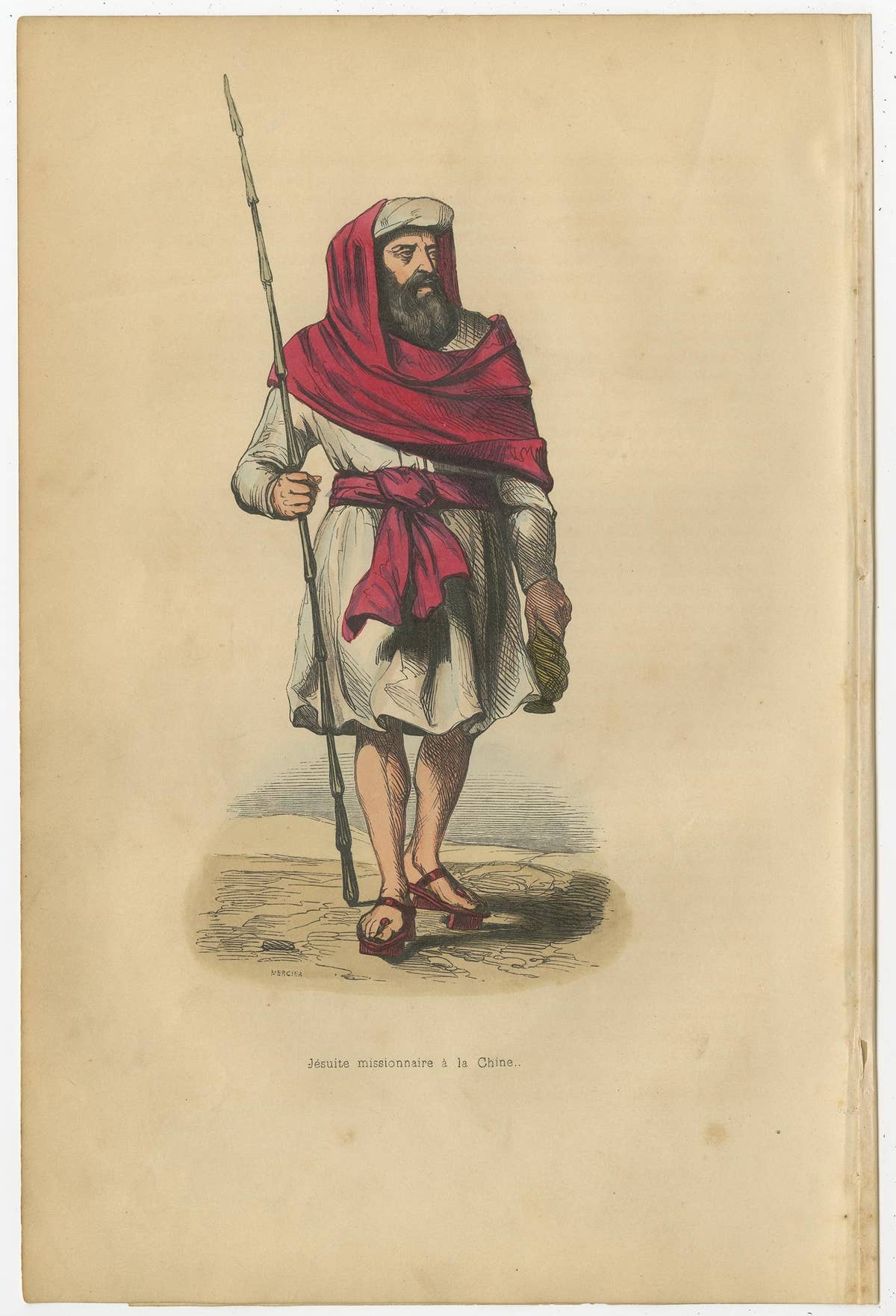 Original Antique Hand-Colored Print of a Jesuit in China, 1843