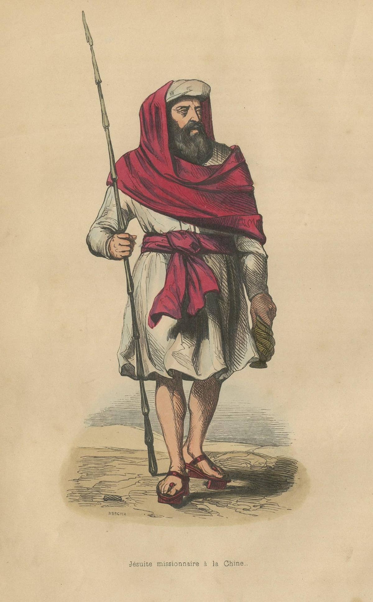 Original Antique Hand-Colored Print of a Jesuit in China, 1843
