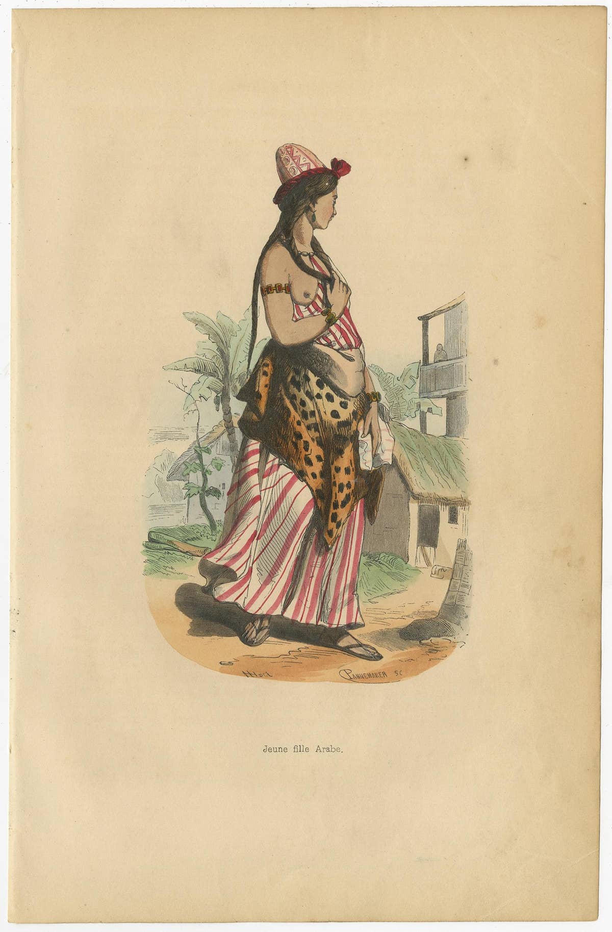 Original Antique Hand-Colored Print of an Arab Girl, 1843