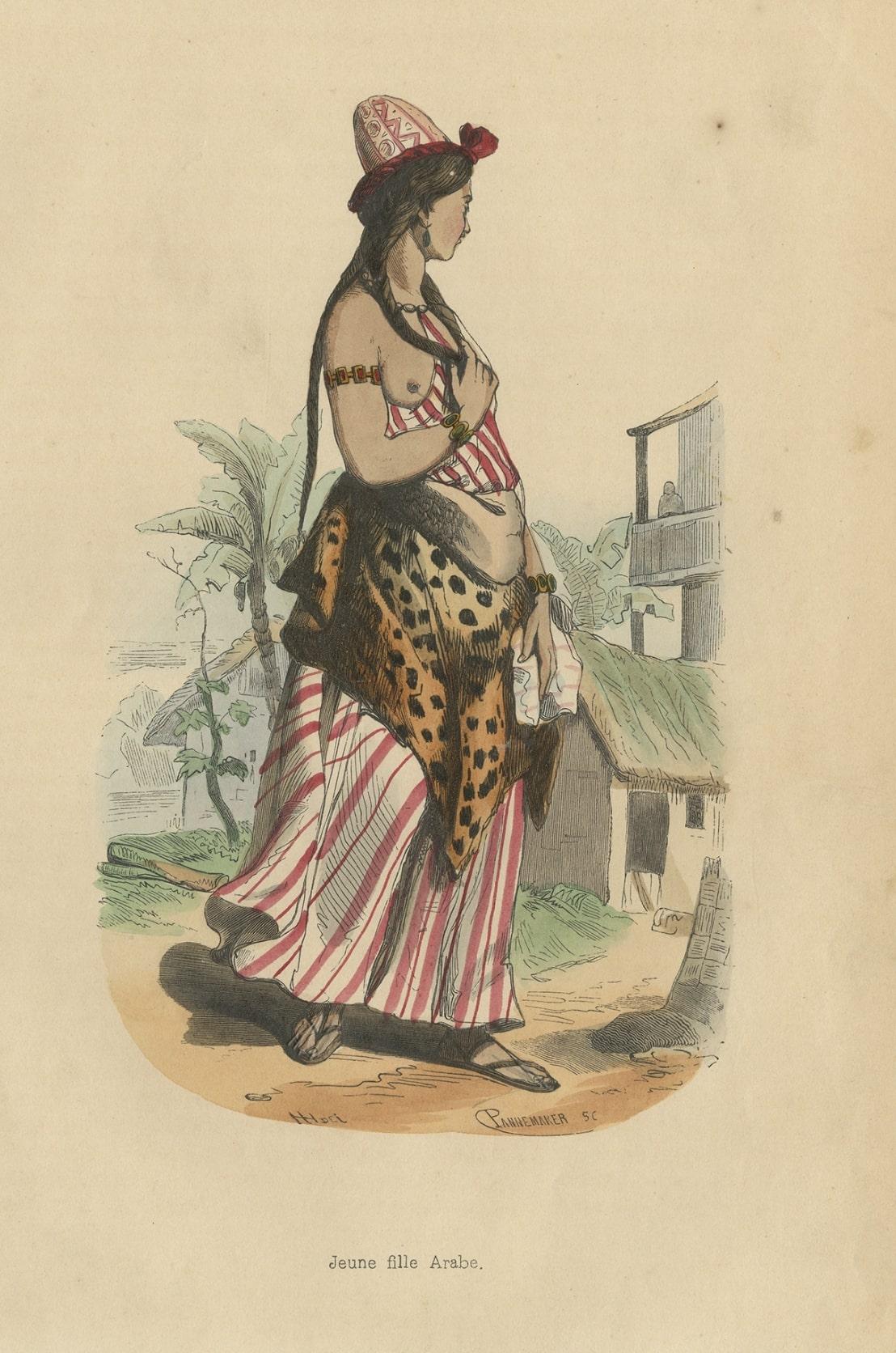 Original Antique Hand-Colored Print of an Arab Girl, 1843 In Good Condition For Sale In Langweer, NL