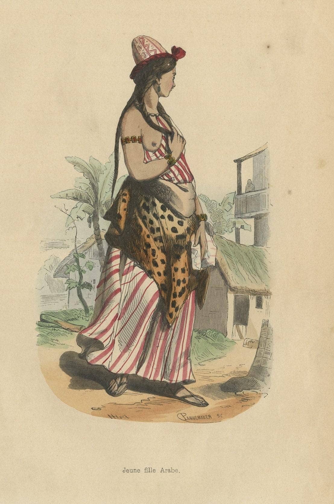 Original Antique Hand-Colored Print of an Arab Girl, 1843