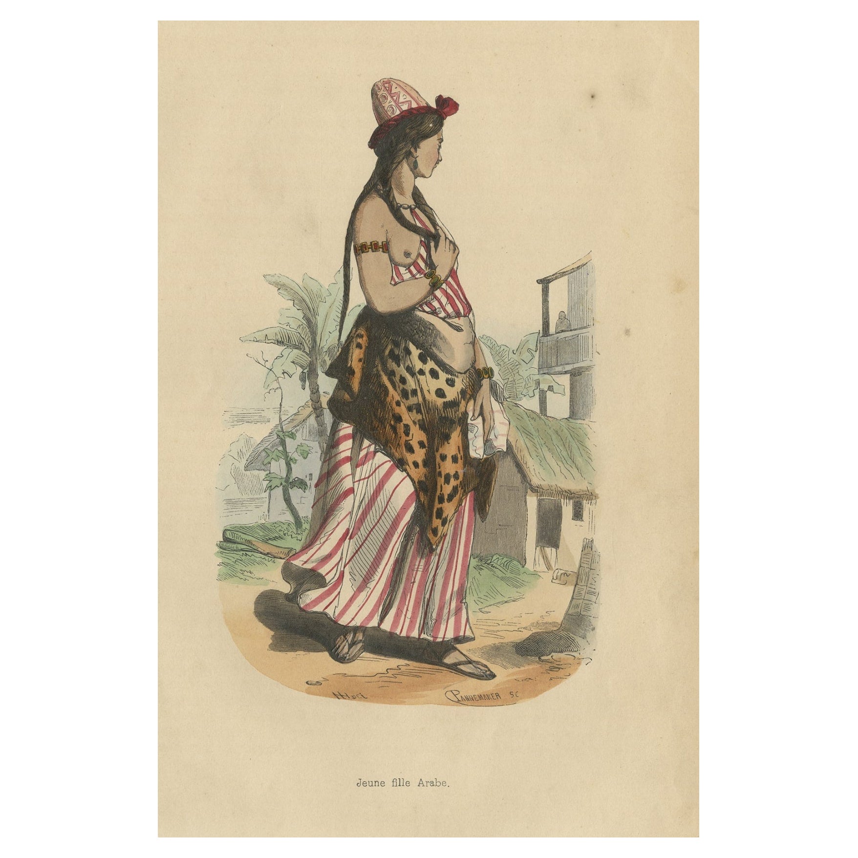 Original Antiker handkolorierter Druck eines arabischen Mädchens, 1843