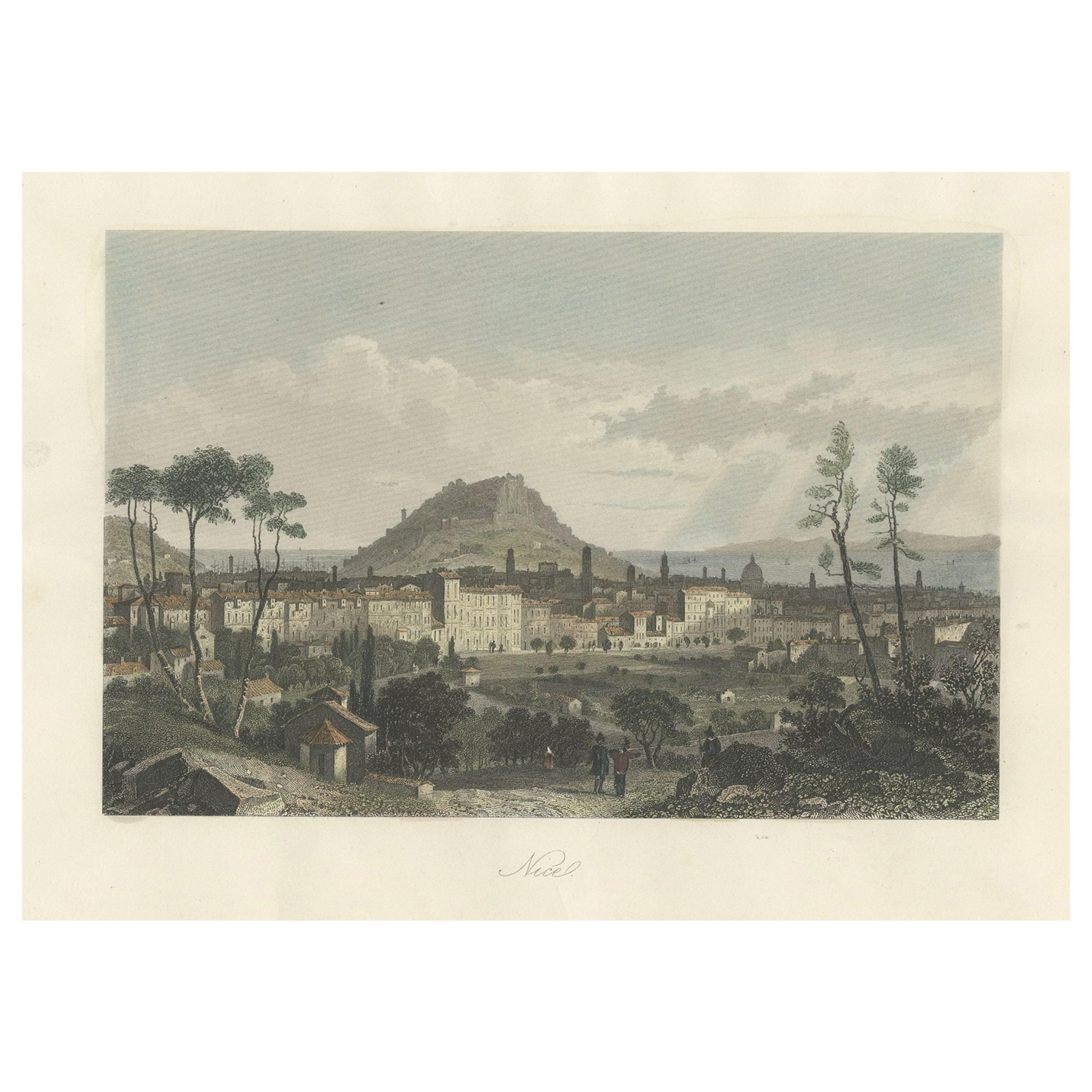 Vue originale et colorée à la main de Nice, ville du sud de la France, vers 1850