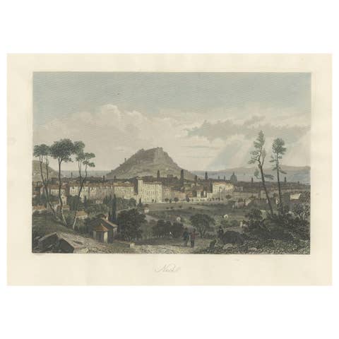 Original Antique Hand-Colored View of Nice, City in Southern France, ca.1850