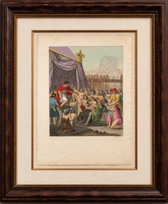 Grabado antiguo original coloreado a mano de «La clemencia» de Mayta Capac, Perú, hacia 1821